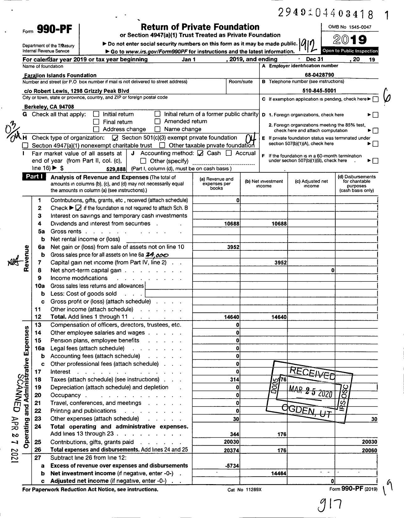 Image of first page of 2019 Form 990PF for Farallon Islands Foundation