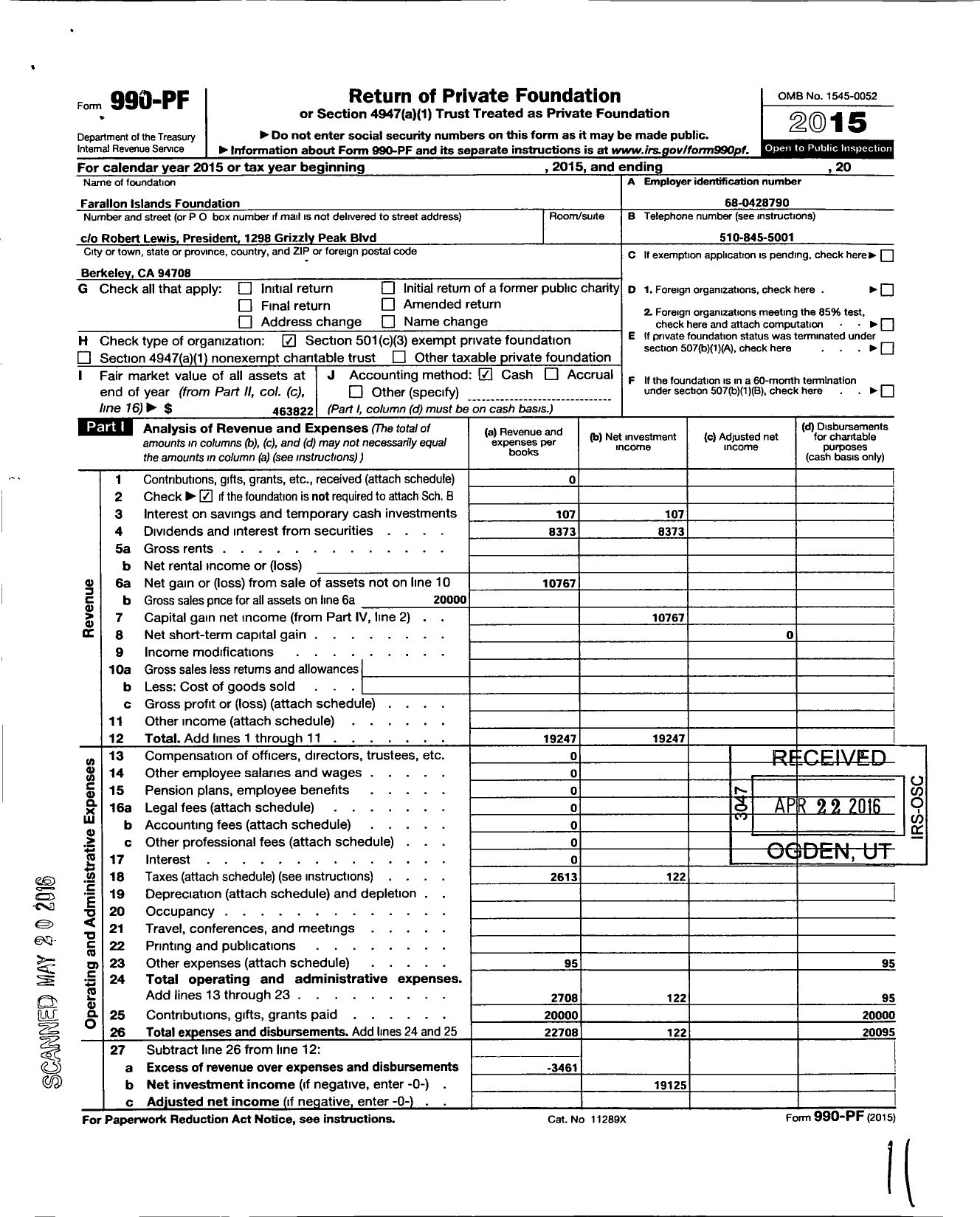 Image of first page of 2015 Form 990PF for Farallon Islands Foundation