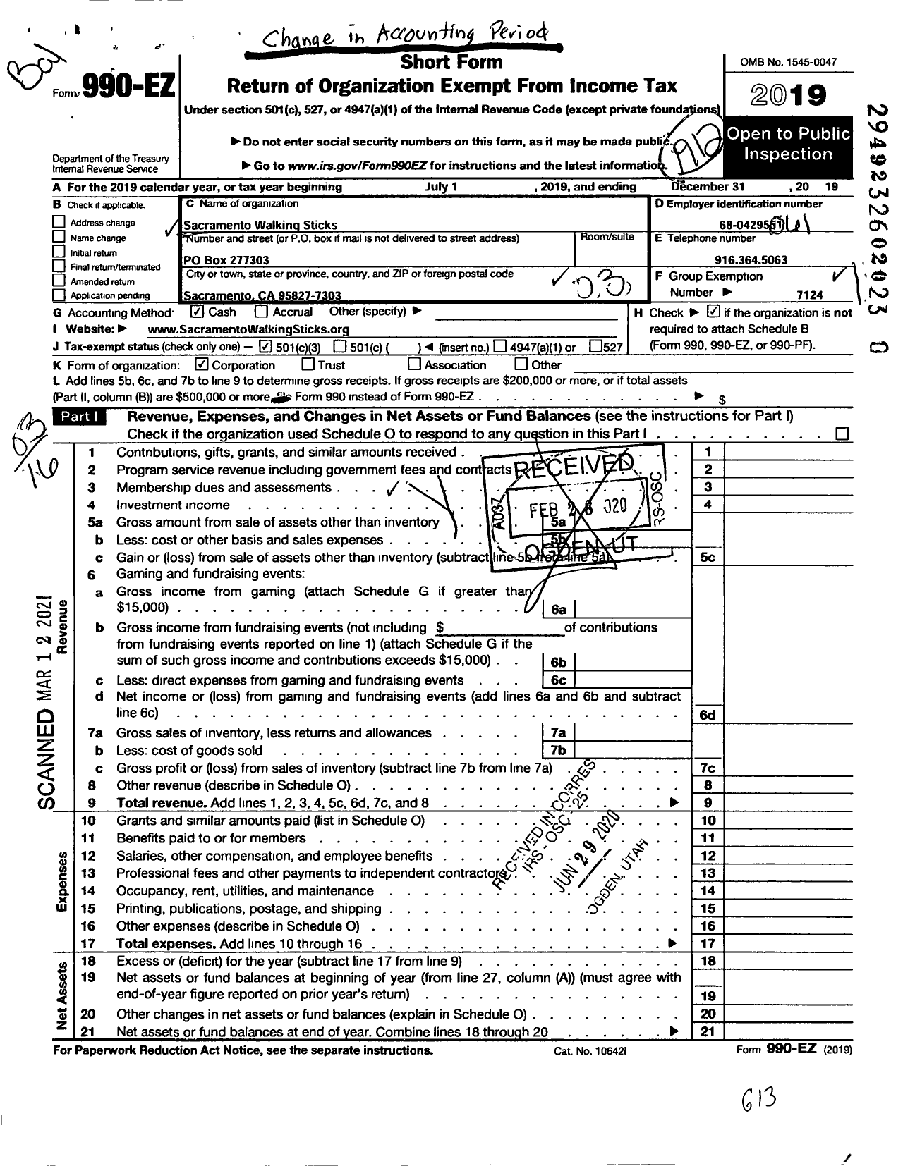 Image of first page of 2019 Form 990EZ for American Volkssport Association - 265 Sacramento Walking Sticks