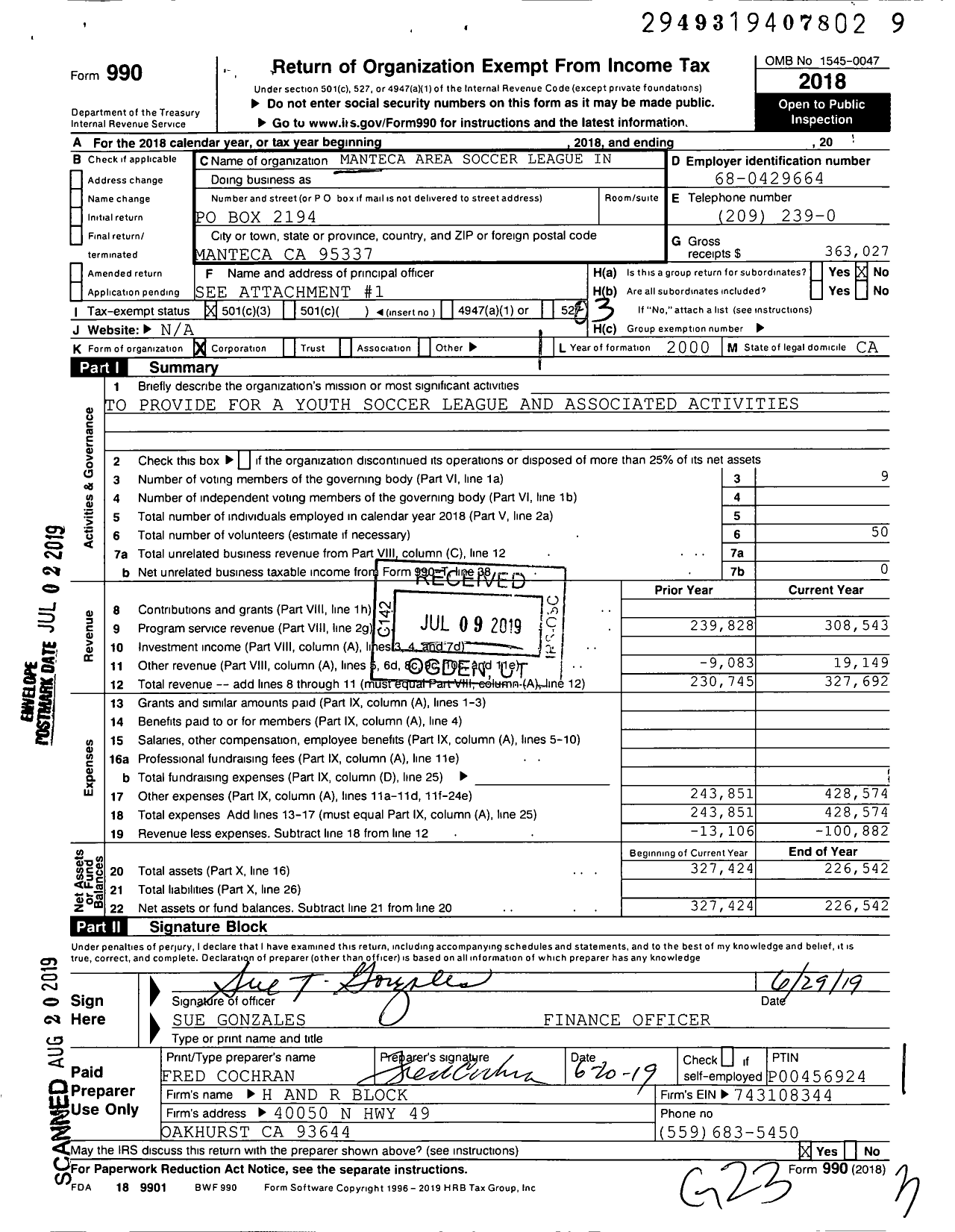 Image of first page of 2018 Form 990 for Manteca Area Soccer League