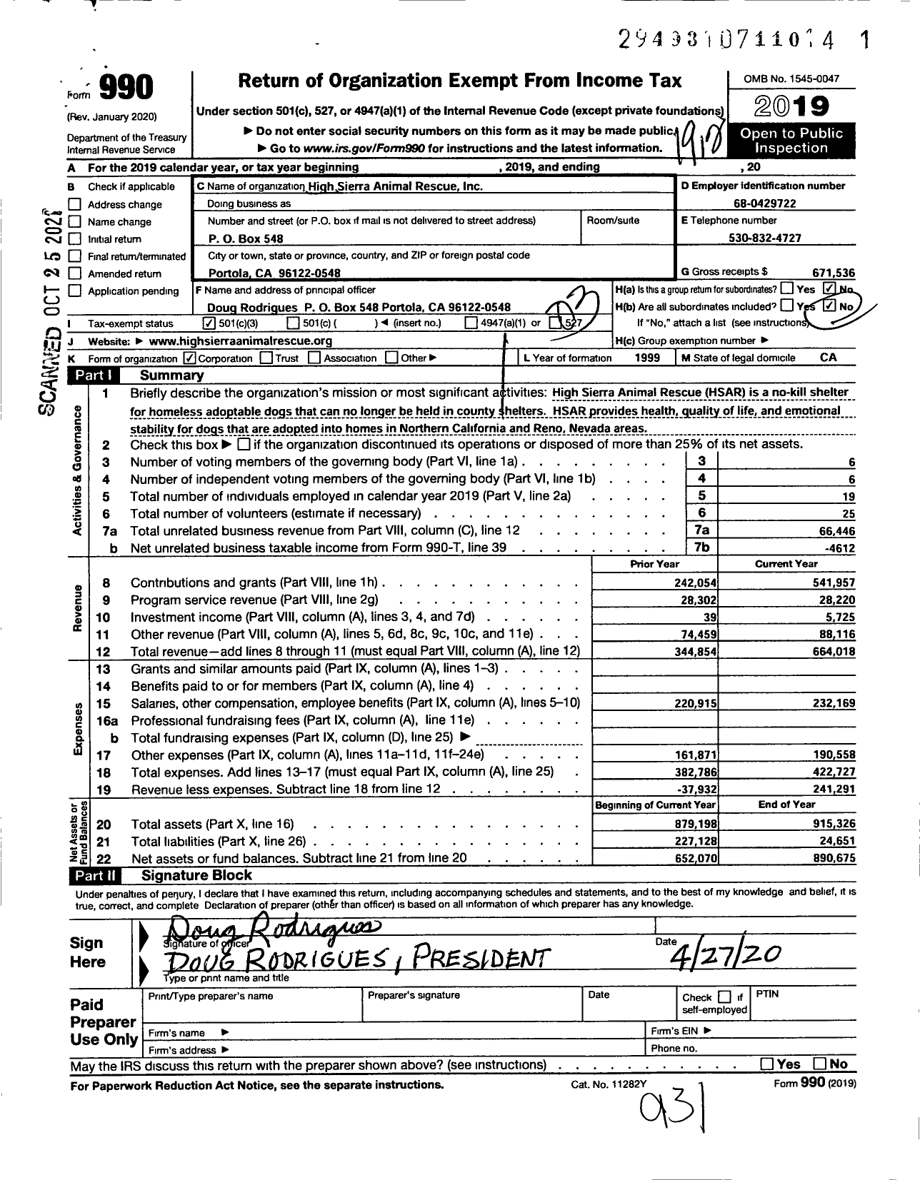 Image of first page of 2019 Form 990 for High Sierra Animal Rescue