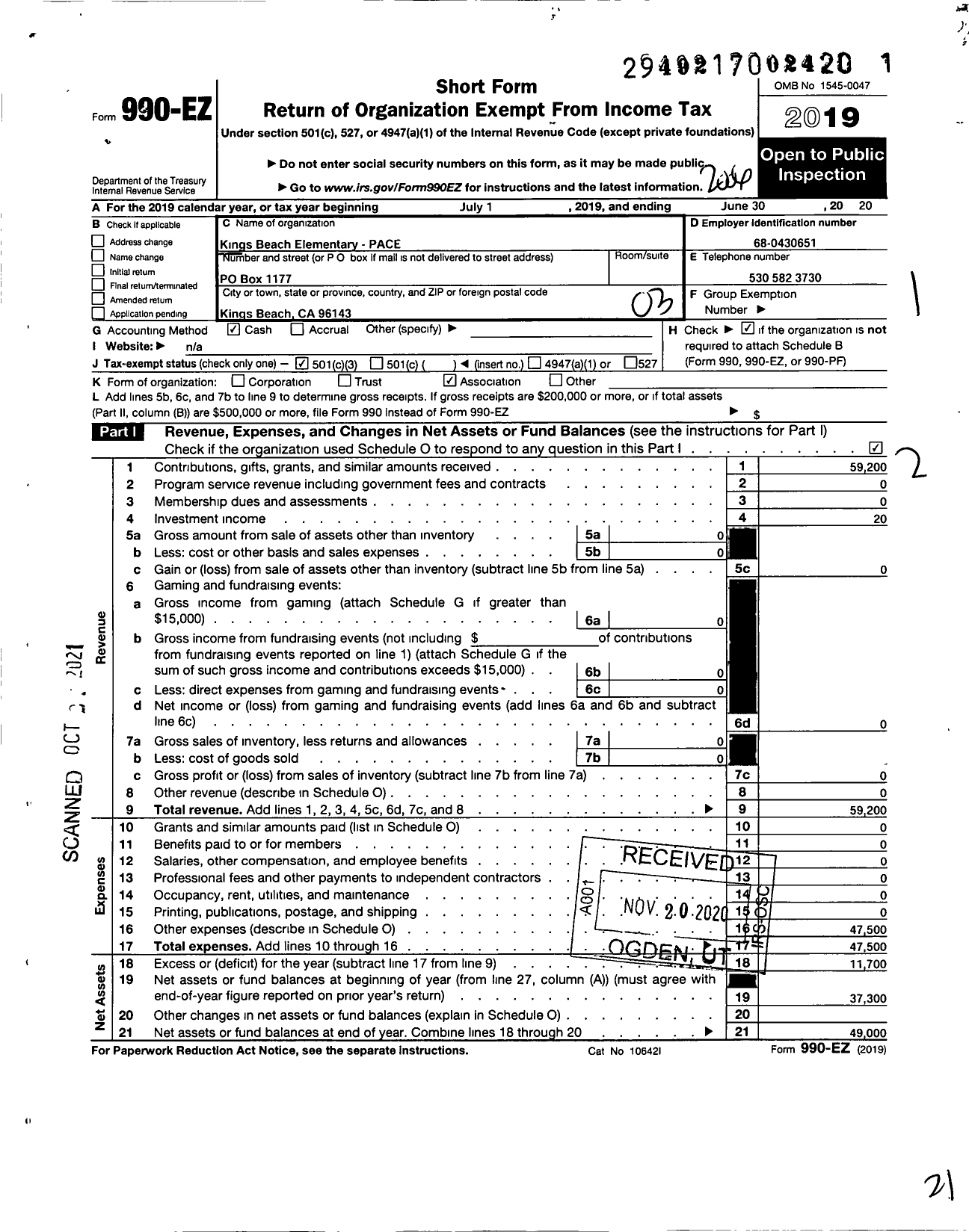 Image of first page of 2019 Form 990EZ for Kings Beach Elementary Pace