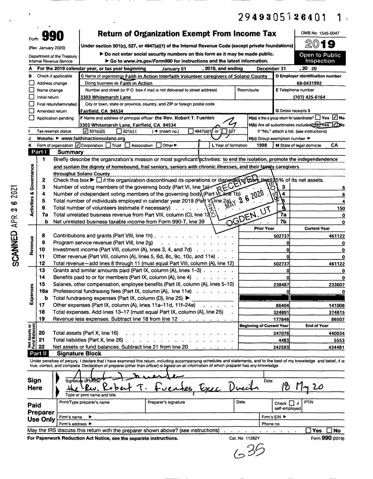 Image of first page of 2020 Form 990 for Faith in Action