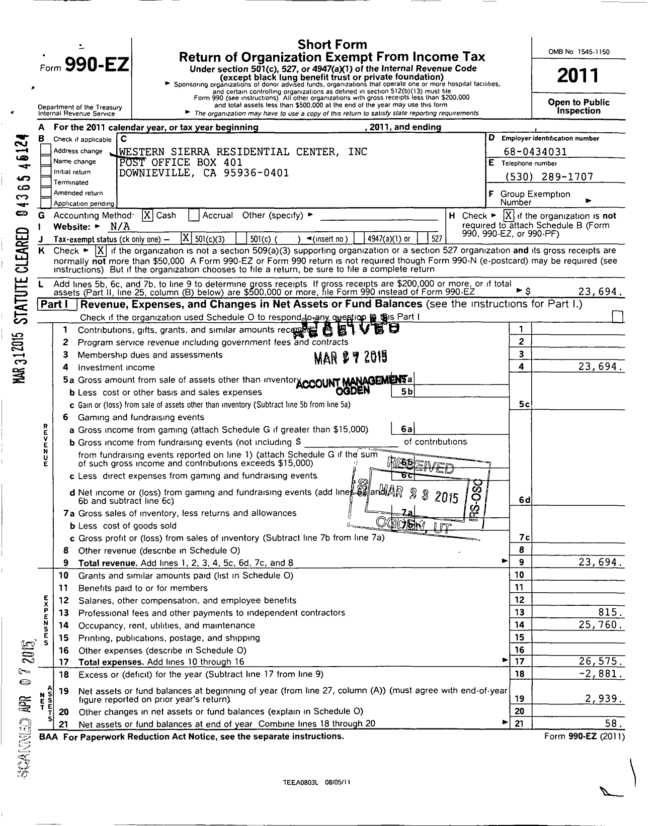 Image of first page of 2011 Form 990EZ for Western Sierra Residential Center