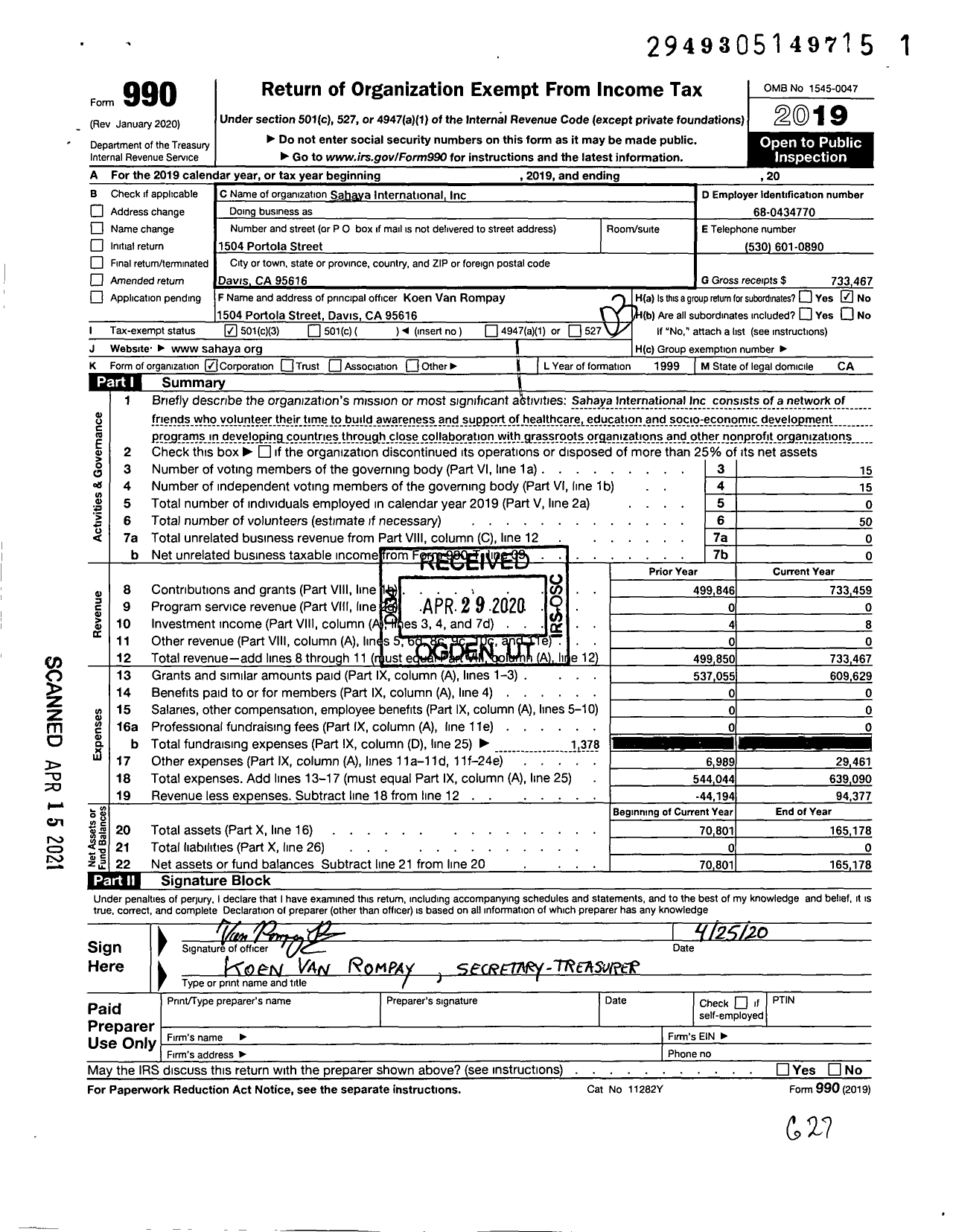 Image of first page of 2019 Form 990 for Sahaya International