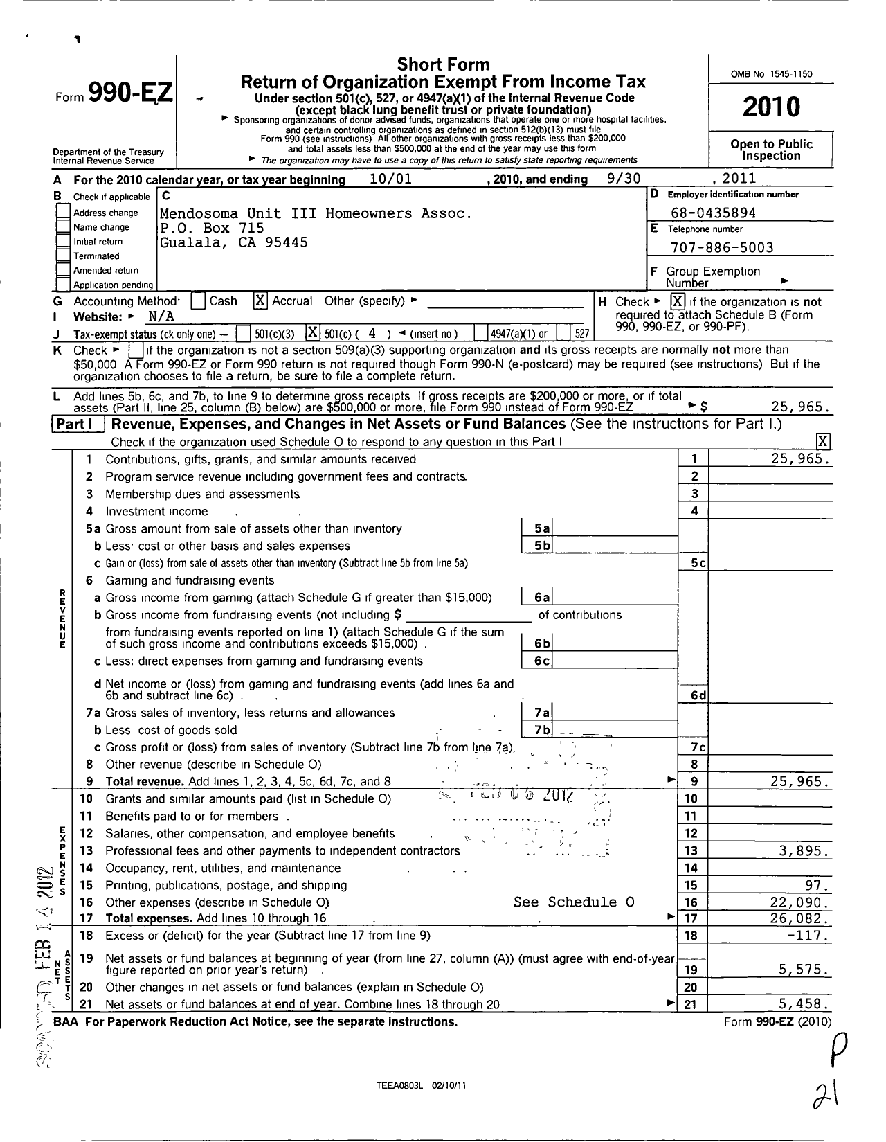 Image of first page of 2010 Form 990EO for Mendosoma Unit Iii Homeowners Association