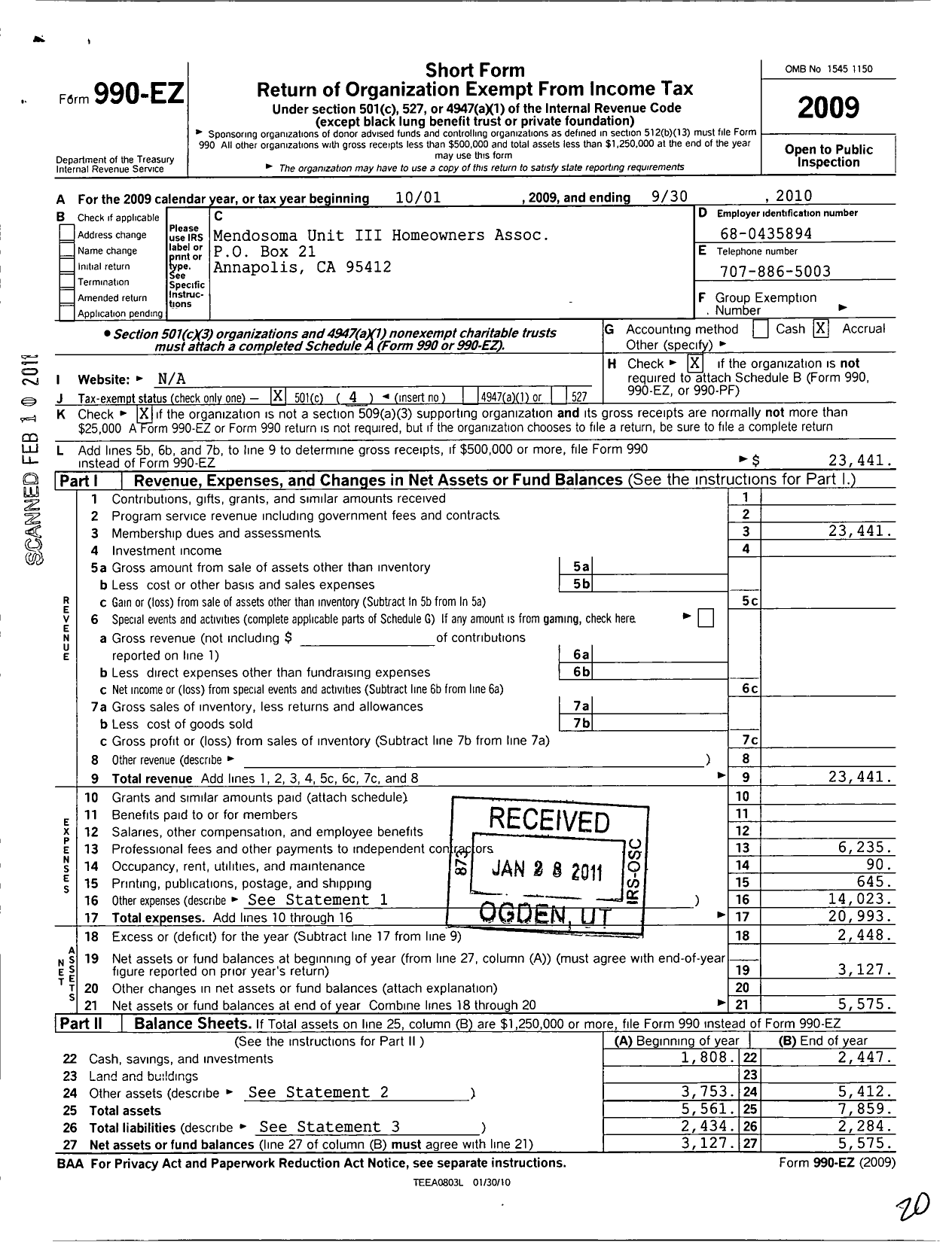 Image of first page of 2009 Form 990EO for Mendosoma Unit Iii Homeowners Association