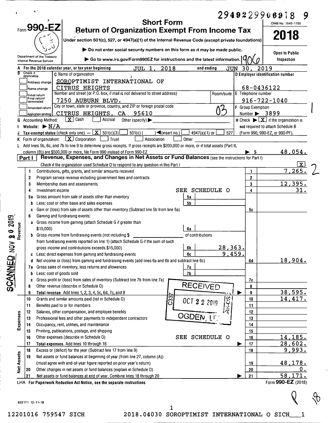 Image of first page of 2018 Form 990EZ for Soroptimist International of the Americas - 116401 Citrus Heights Ca