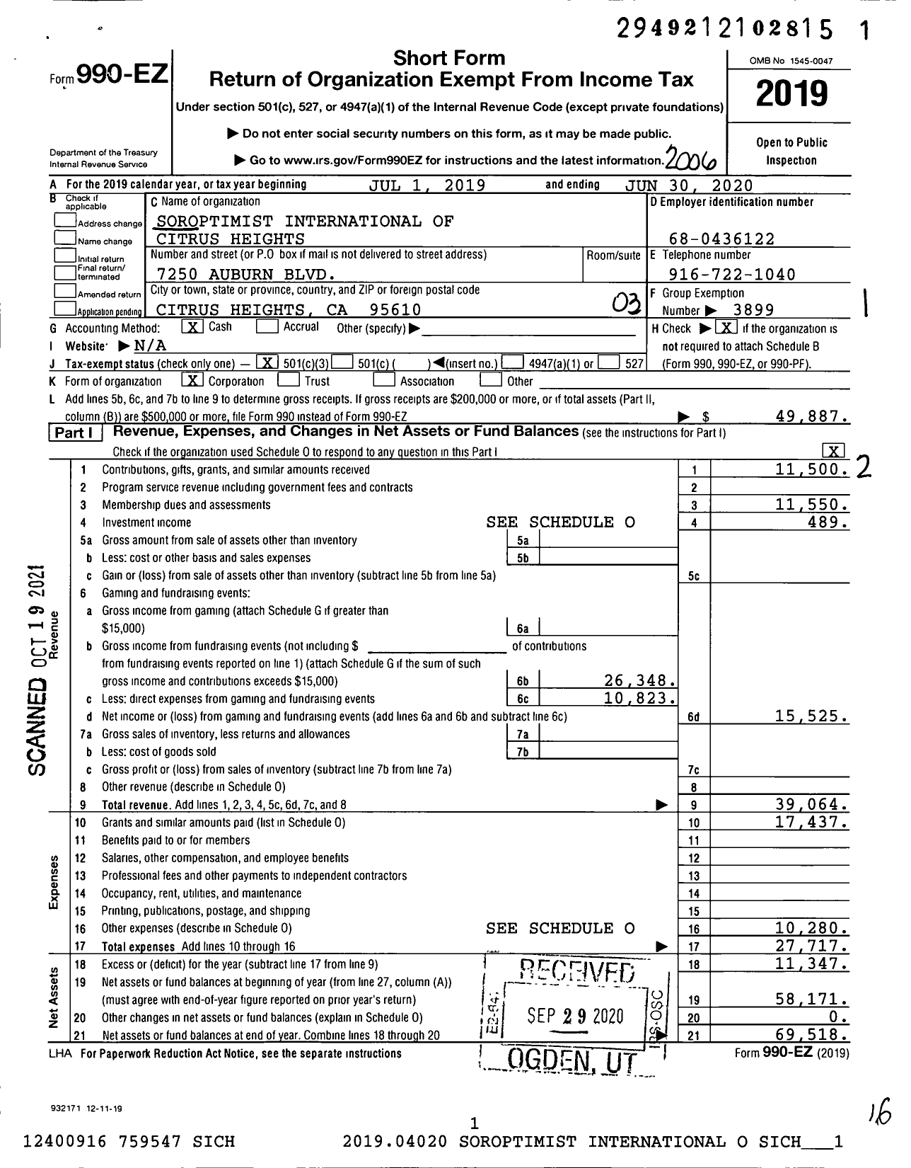 Image of first page of 2019 Form 990EZ for Soroptimist International of the Americas - 116401 Citrus Heights Ca