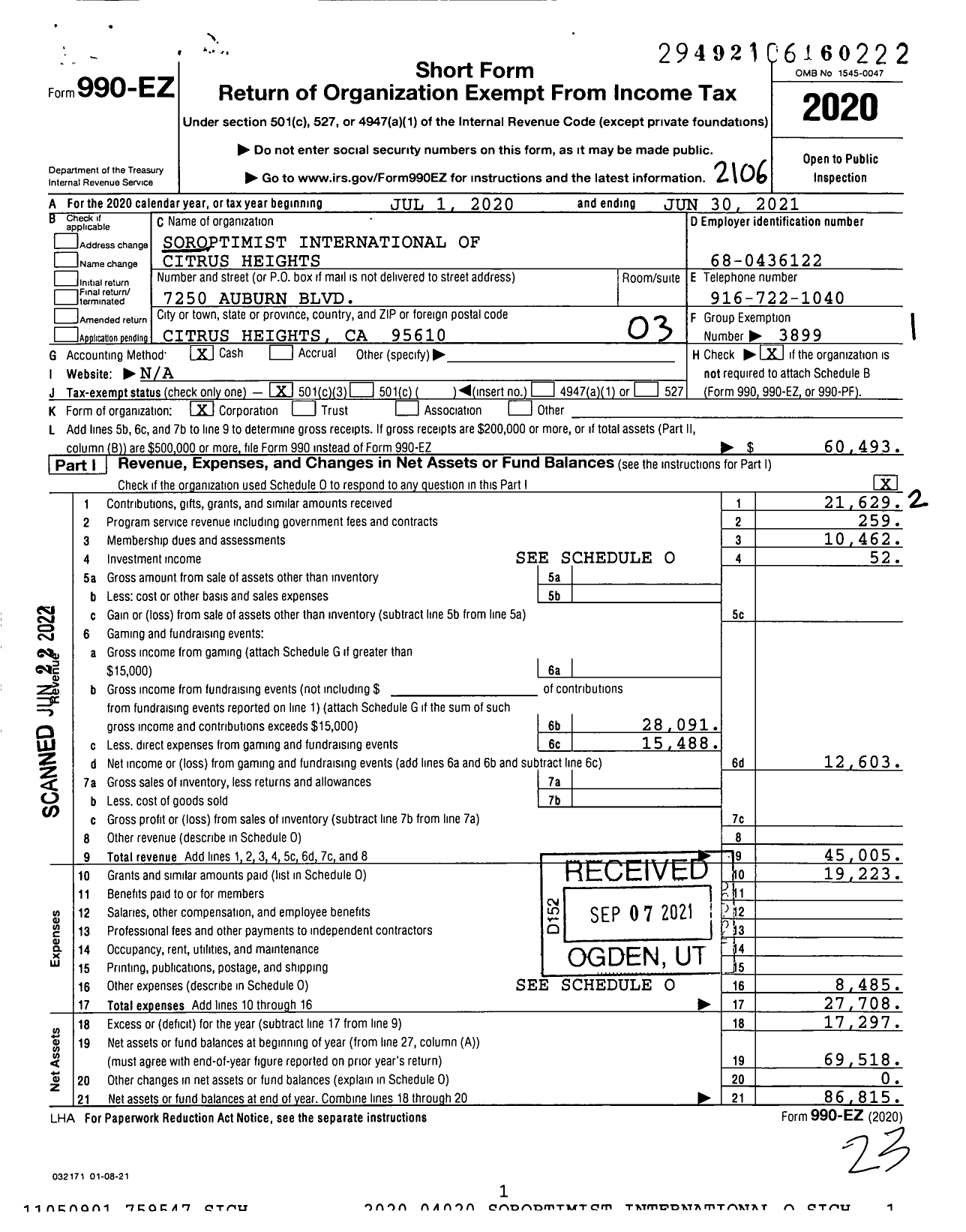 Image of first page of 2020 Form 990EZ for Soroptimist International of the Americas - 116401 Citrus Heights Ca