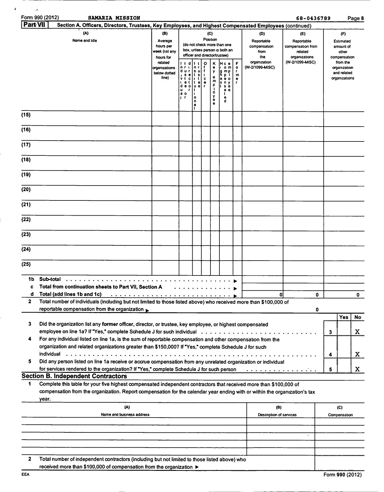 Image of first page of 2012 Form 990 for Samaria Mission