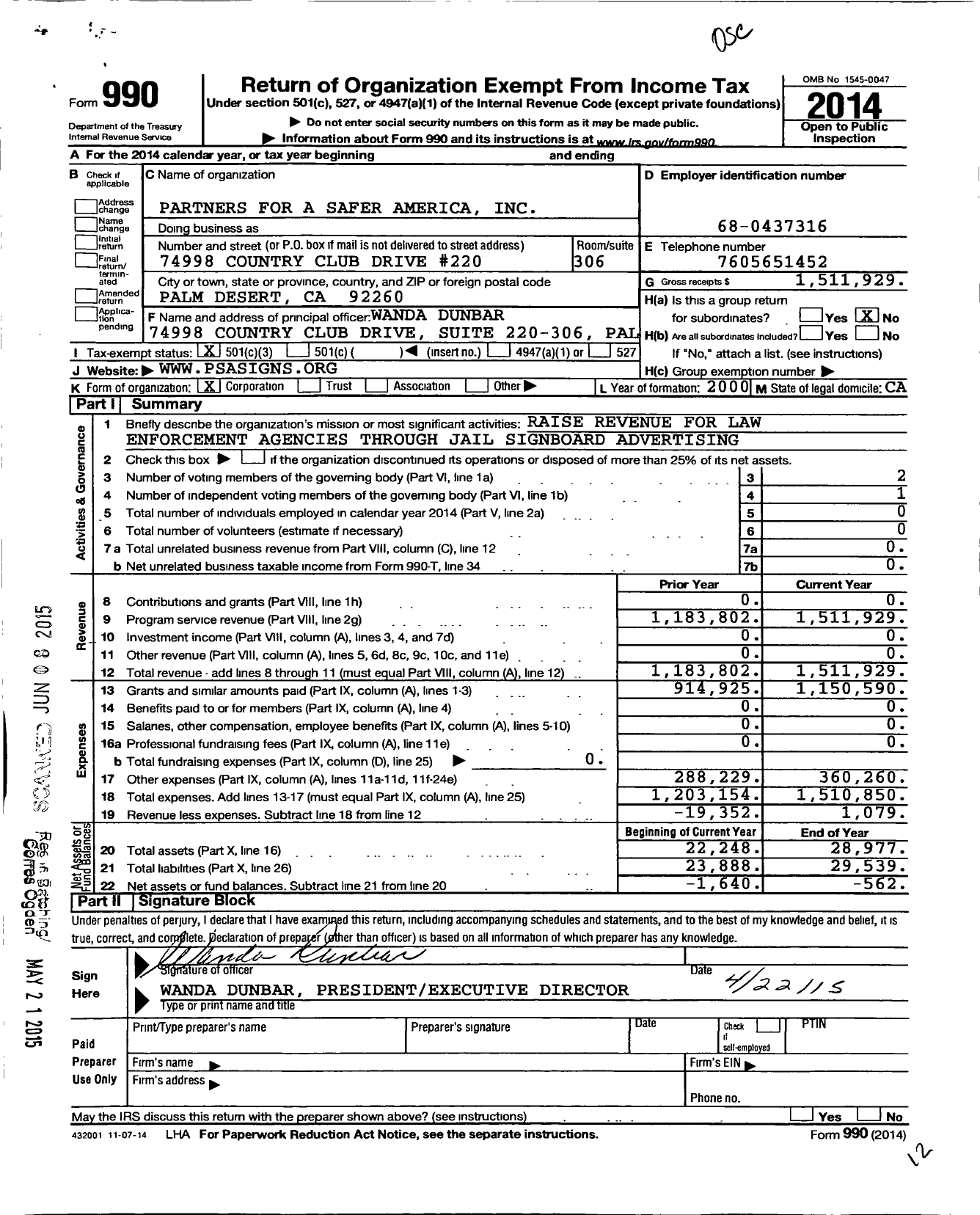 Image of first page of 2014 Form 990 for Partners for A Safer America