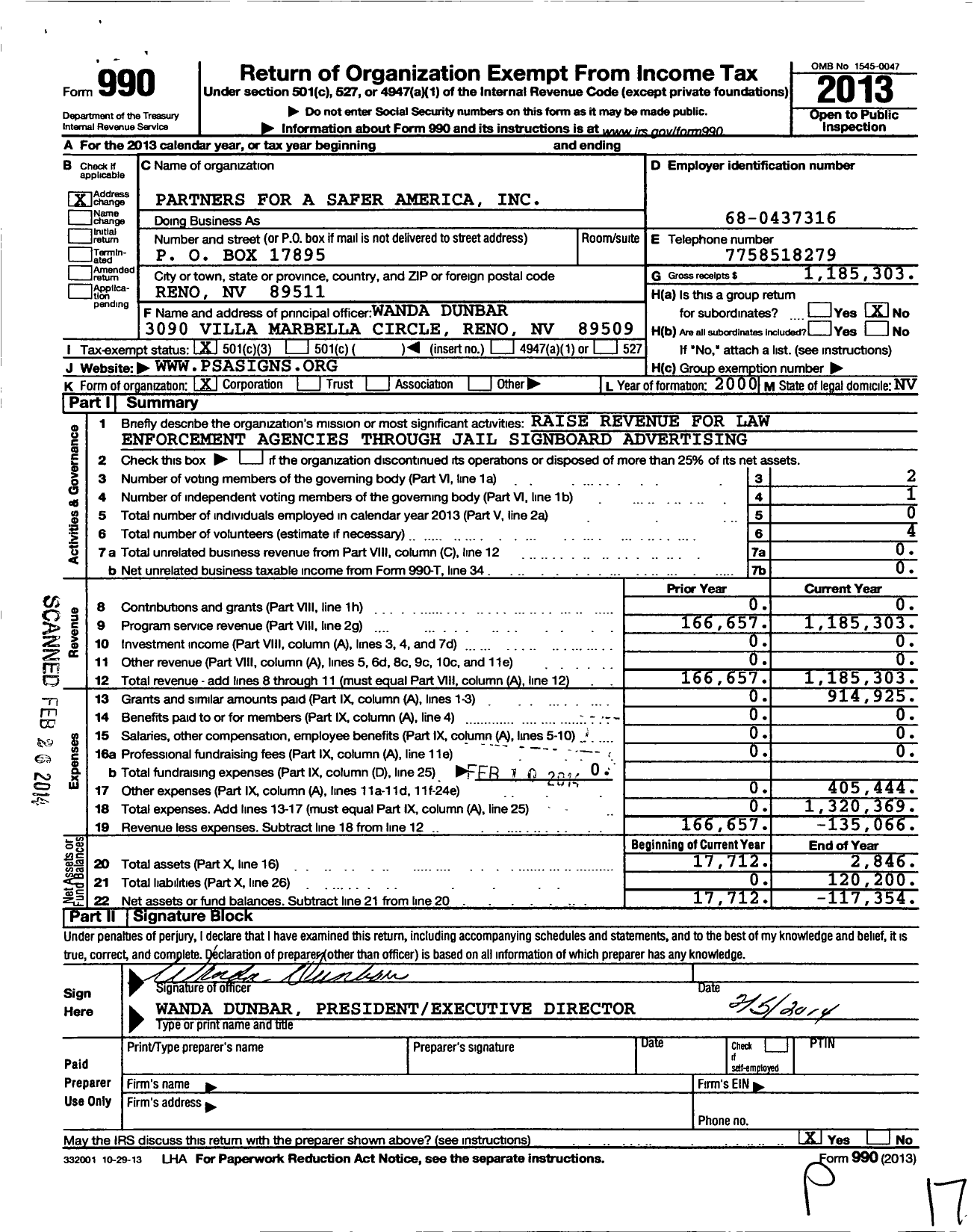 Image of first page of 2013 Form 990 for Partners for A Safer America