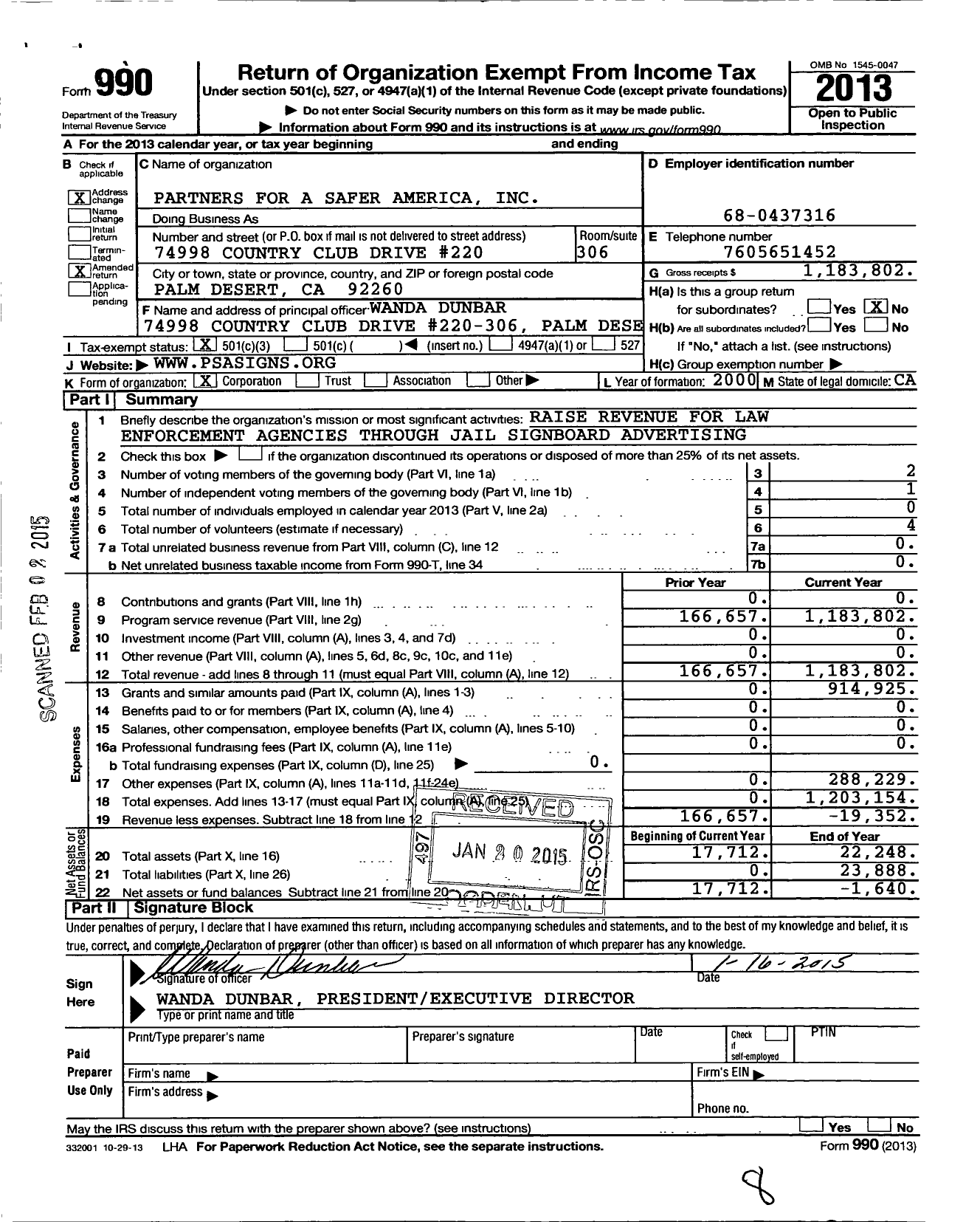 Image of first page of 2013 Form 990 for Partners for A Safer America