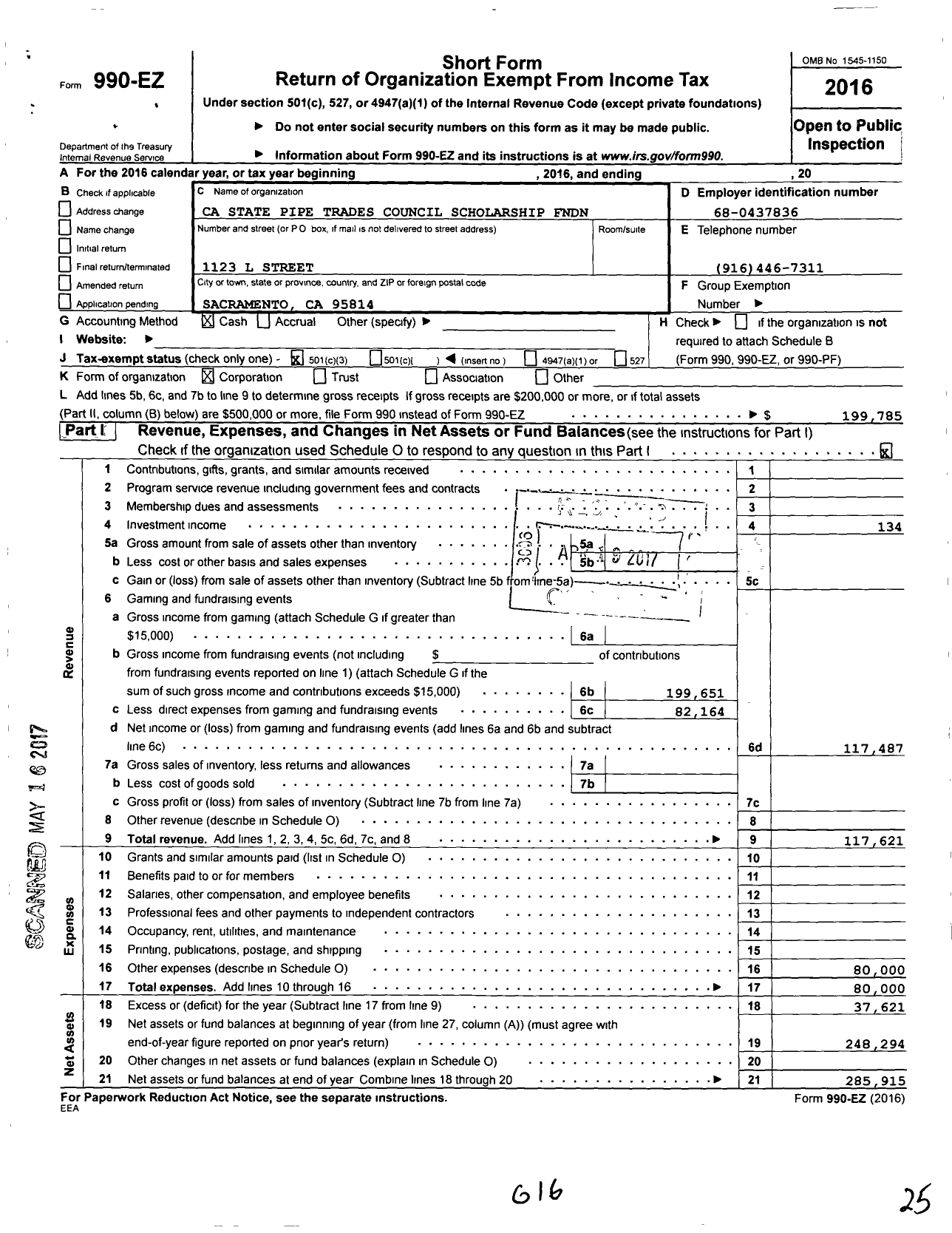 Image of first page of 2016 Form 990EZ for California State Pipe Trades Council SCHLRSHP FNDN