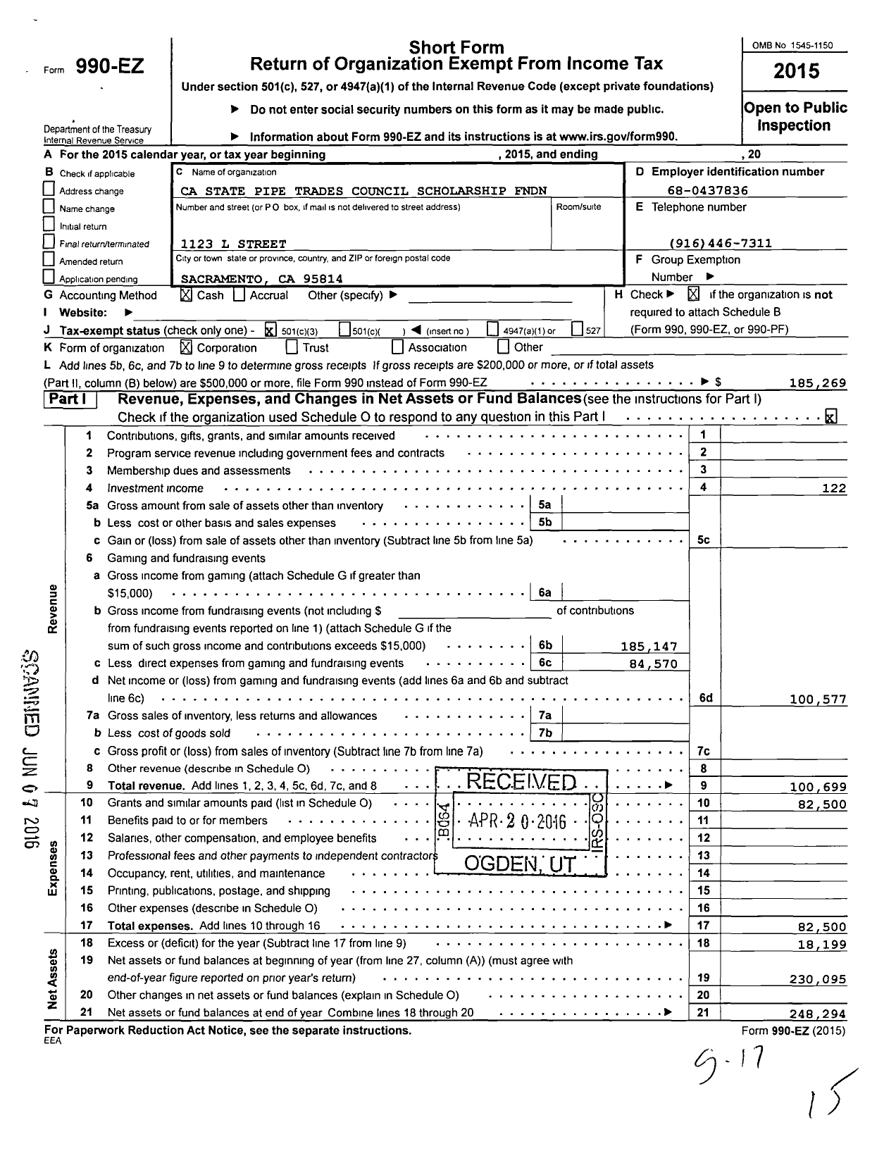 Image of first page of 2015 Form 990EZ for California State Pipe Trades Council SCHLRSHP FNDN