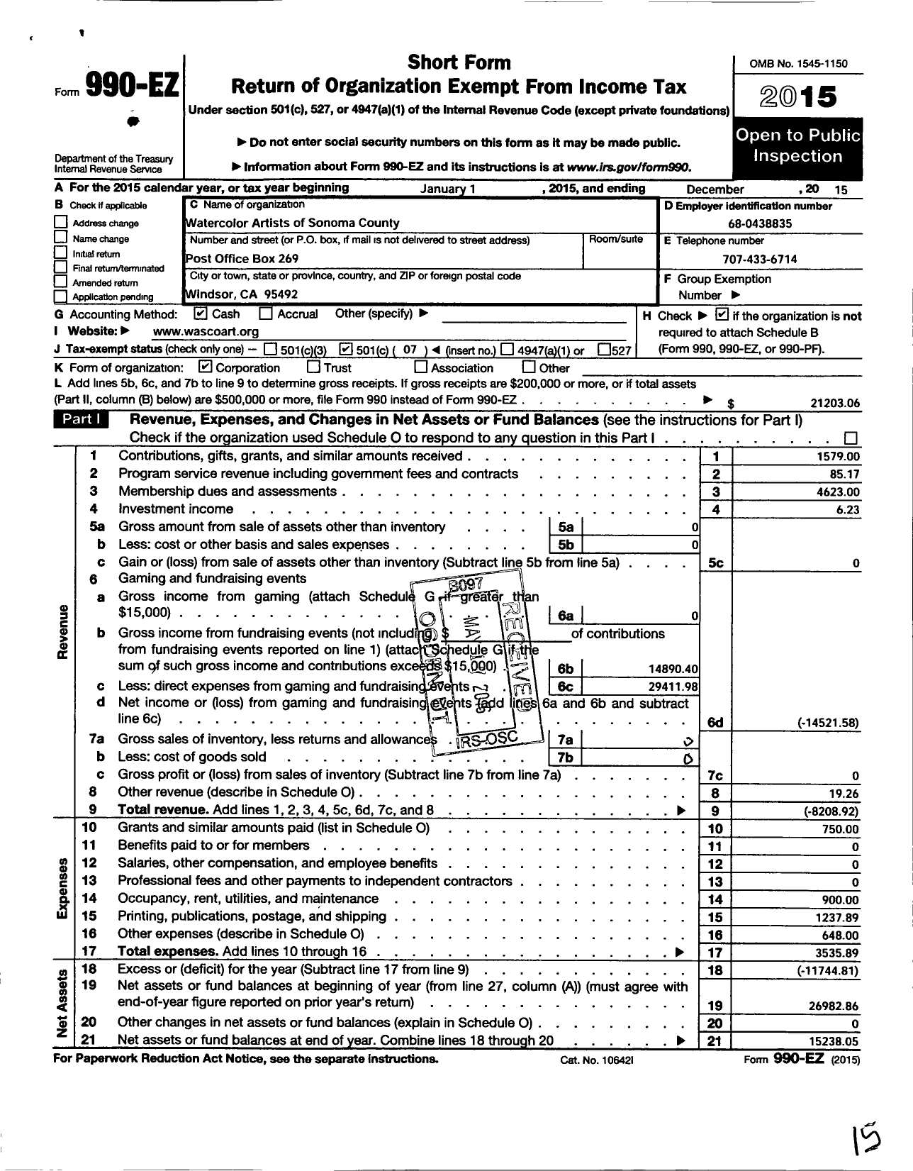 Image of first page of 2015 Form 990EO for Water Color Artists of Sonoma County