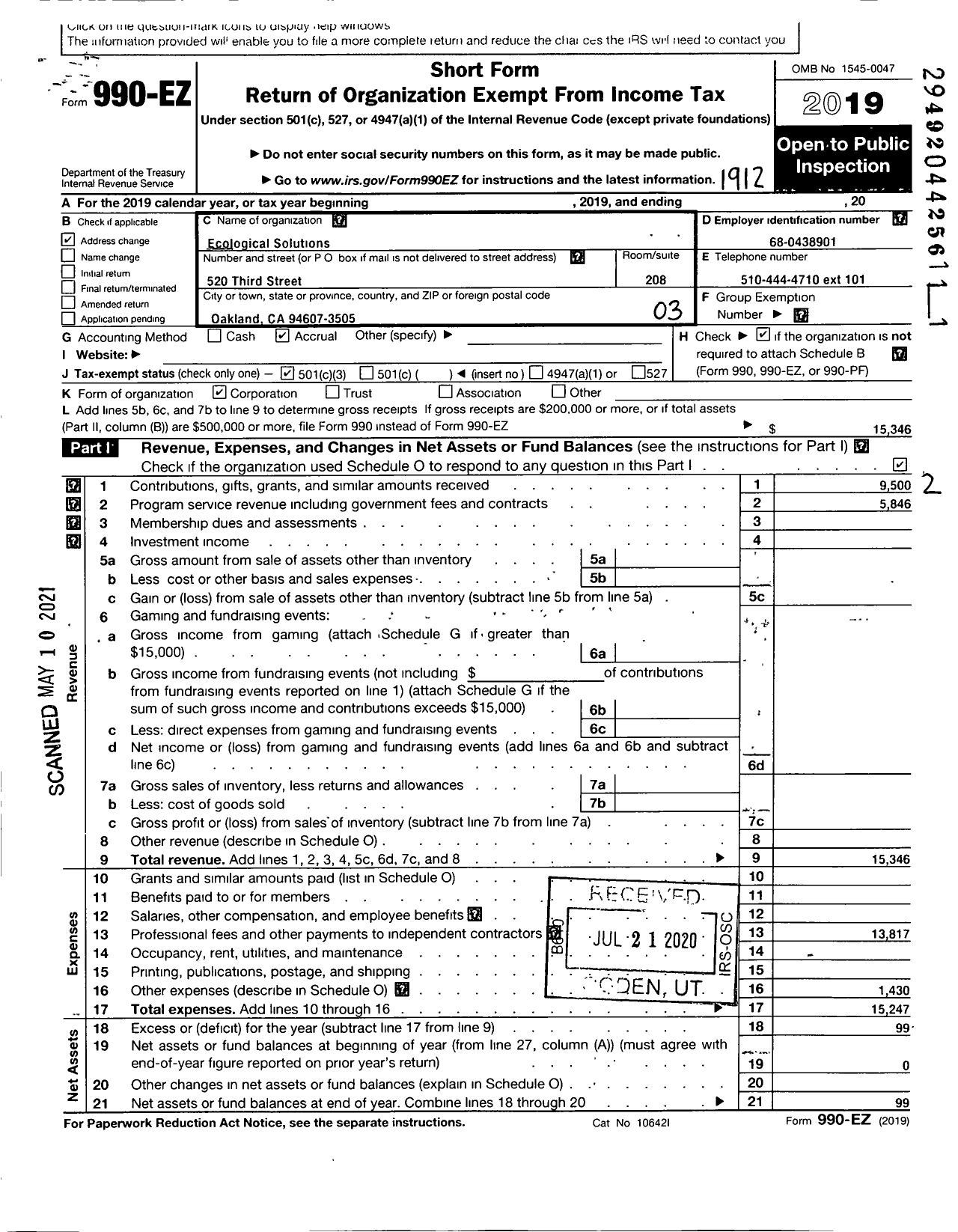 Image of first page of 2019 Form 990EZ for Ecological Solutions