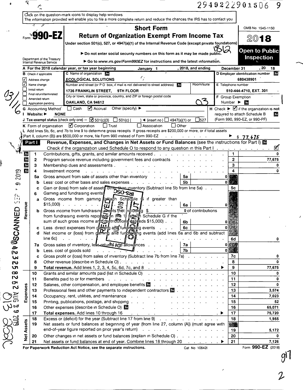 Image of first page of 2018 Form 990EZ for Ecological Solutions