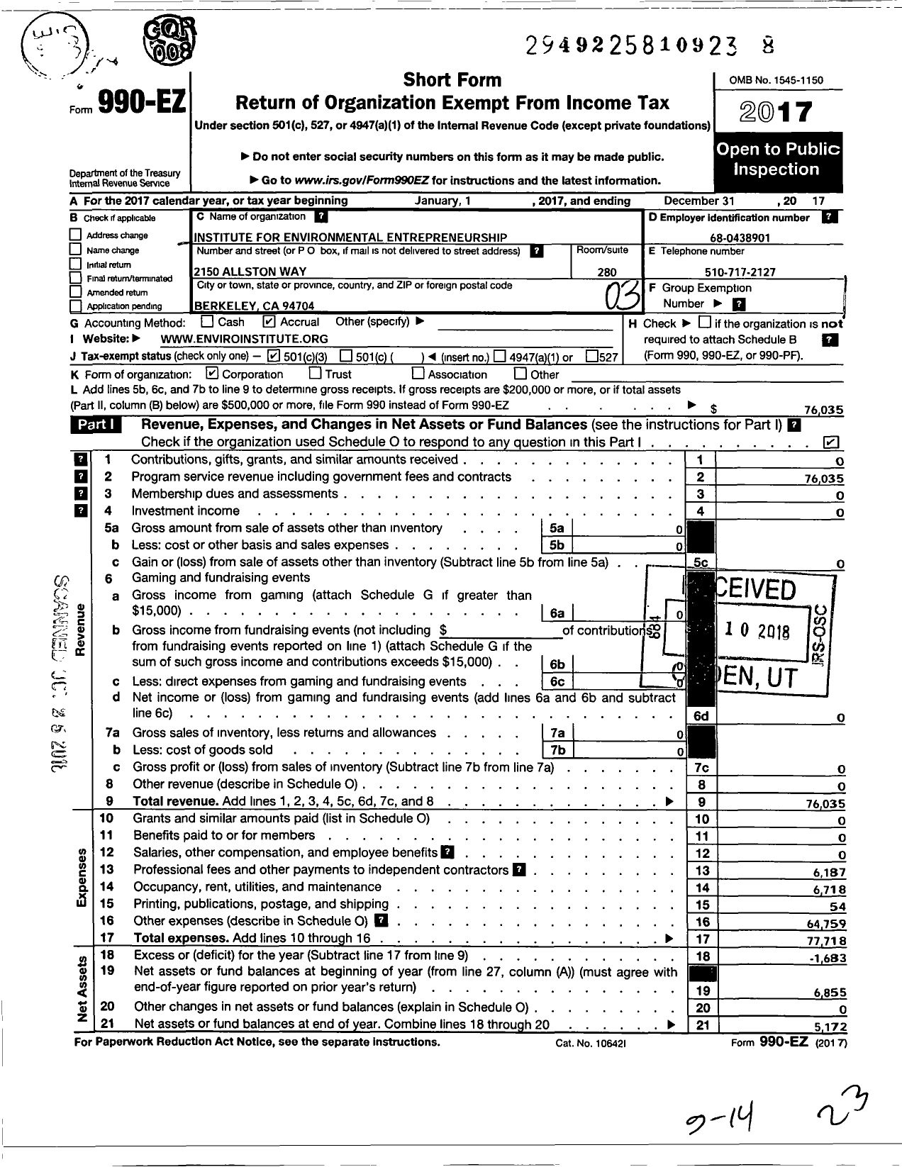 Image of first page of 2017 Form 990EZ for Ecological Solutions