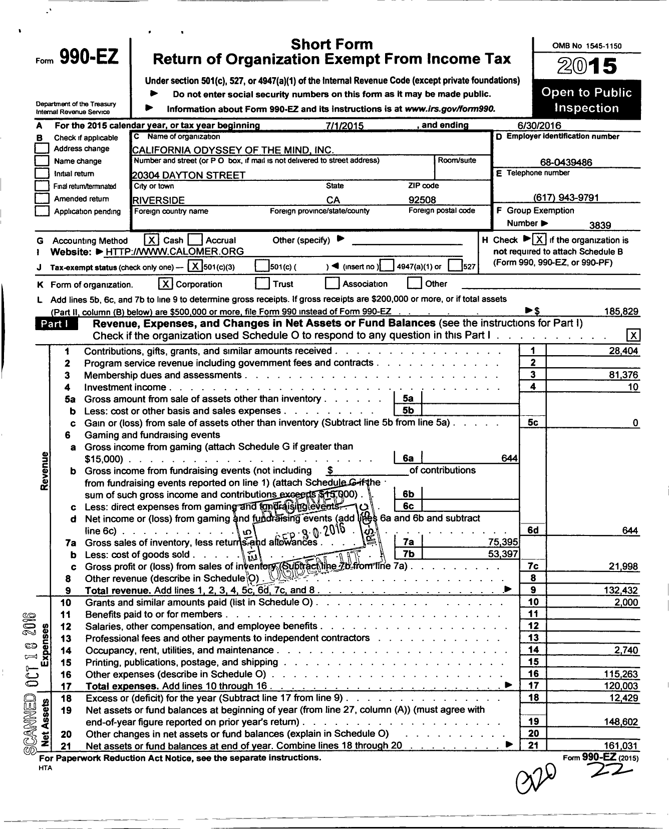 Image of first page of 2015 Form 990EZ for California Odyssey of the Mind