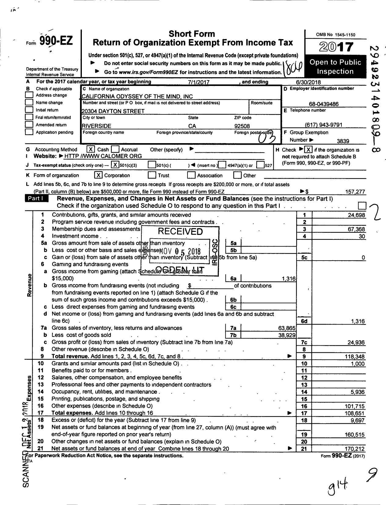 Image of first page of 2017 Form 990EZ for California Odyssey of the Mind