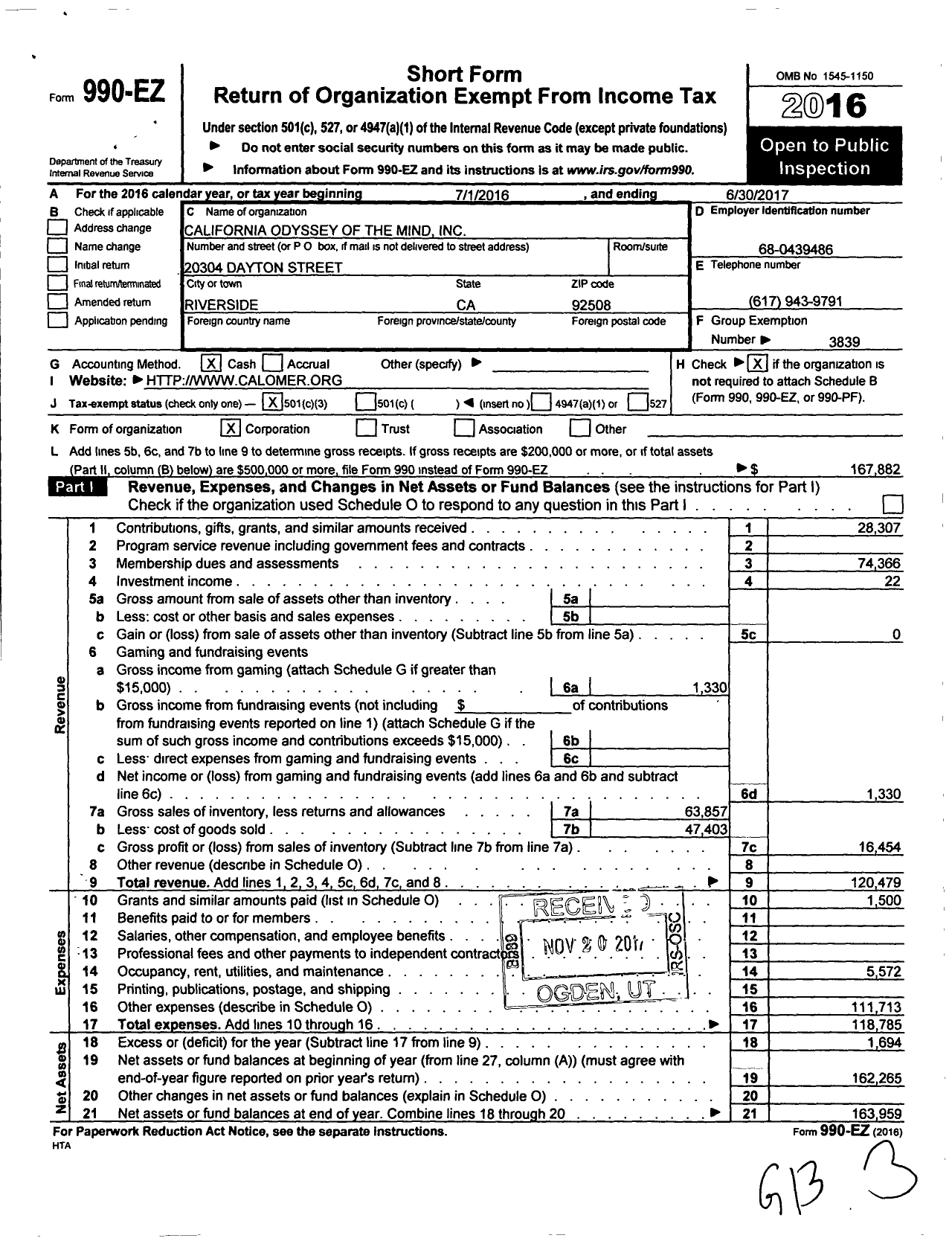 Image of first page of 2016 Form 990EZ for California Odyssey of the Mind