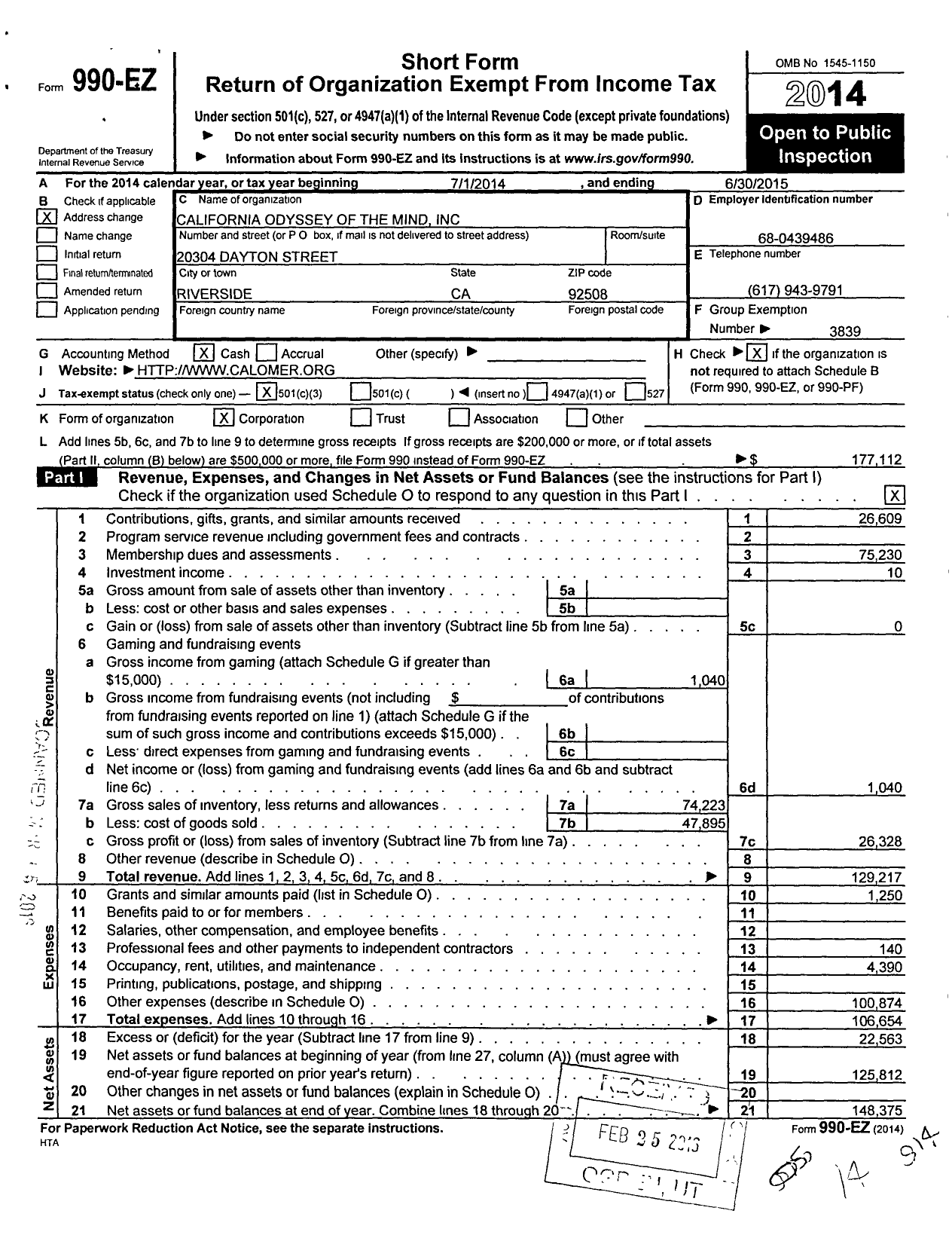 Image of first page of 2014 Form 990EZ for California Odyssey of the Mind