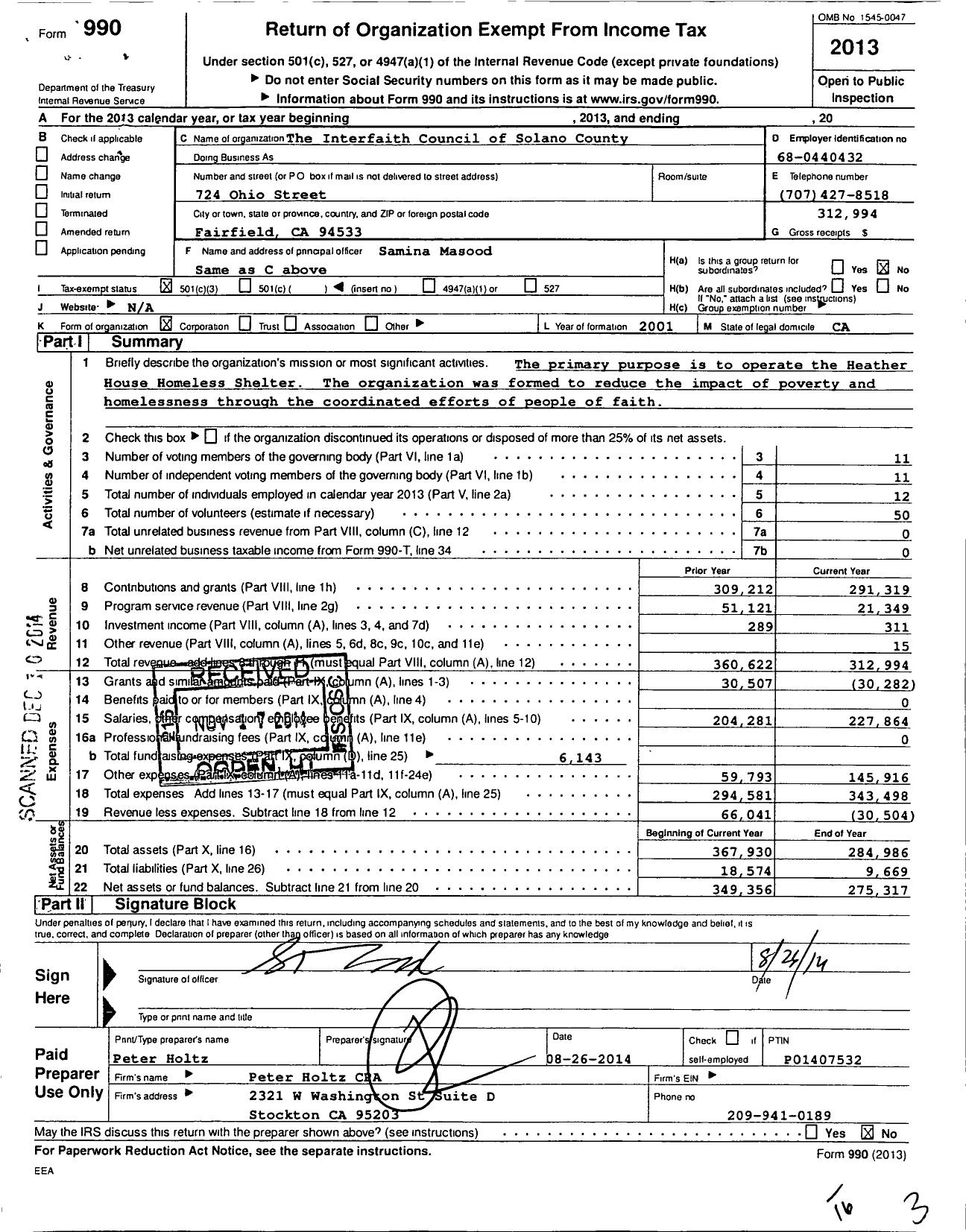 Image of first page of 2013 Form 990 for The Interfaith Council of Solano County