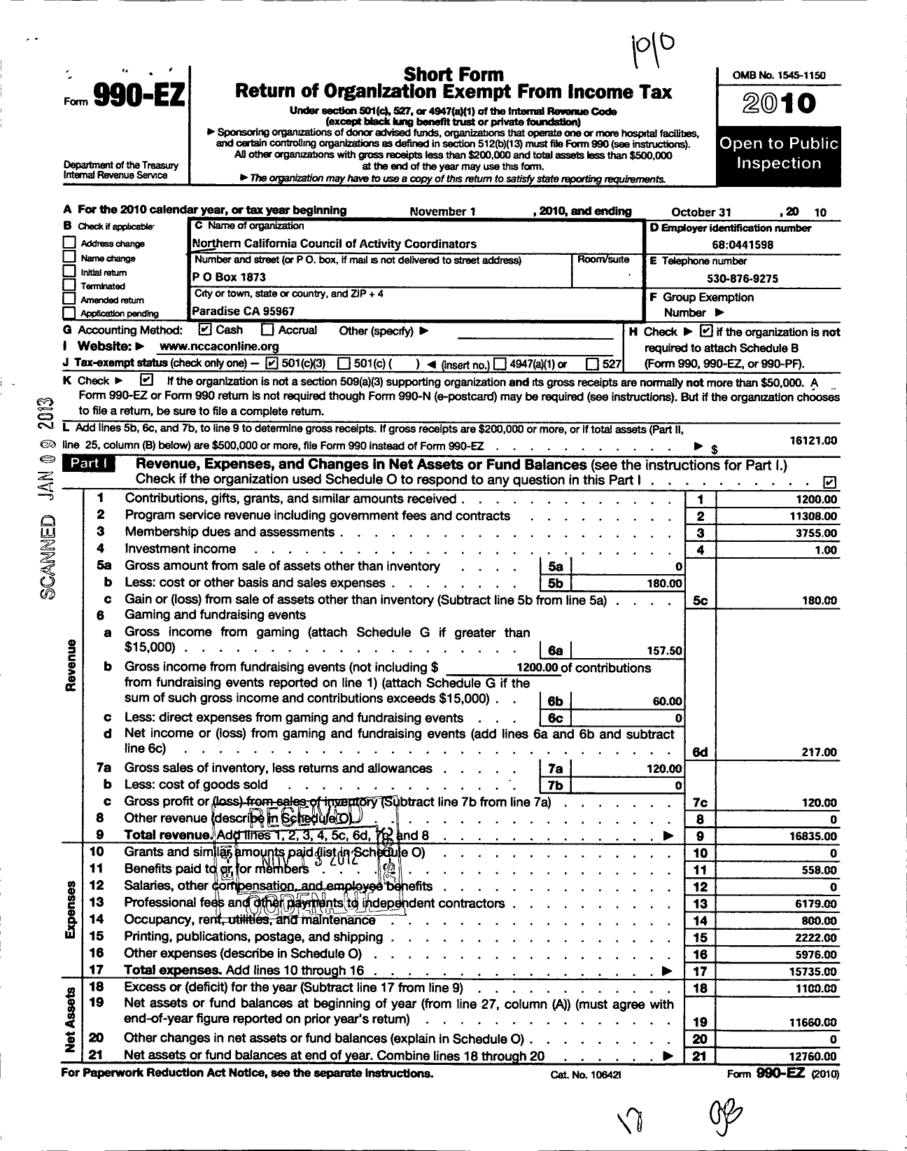 Image of first page of 2009 Form 990EZ for Northern California Council of Activity Coordinators