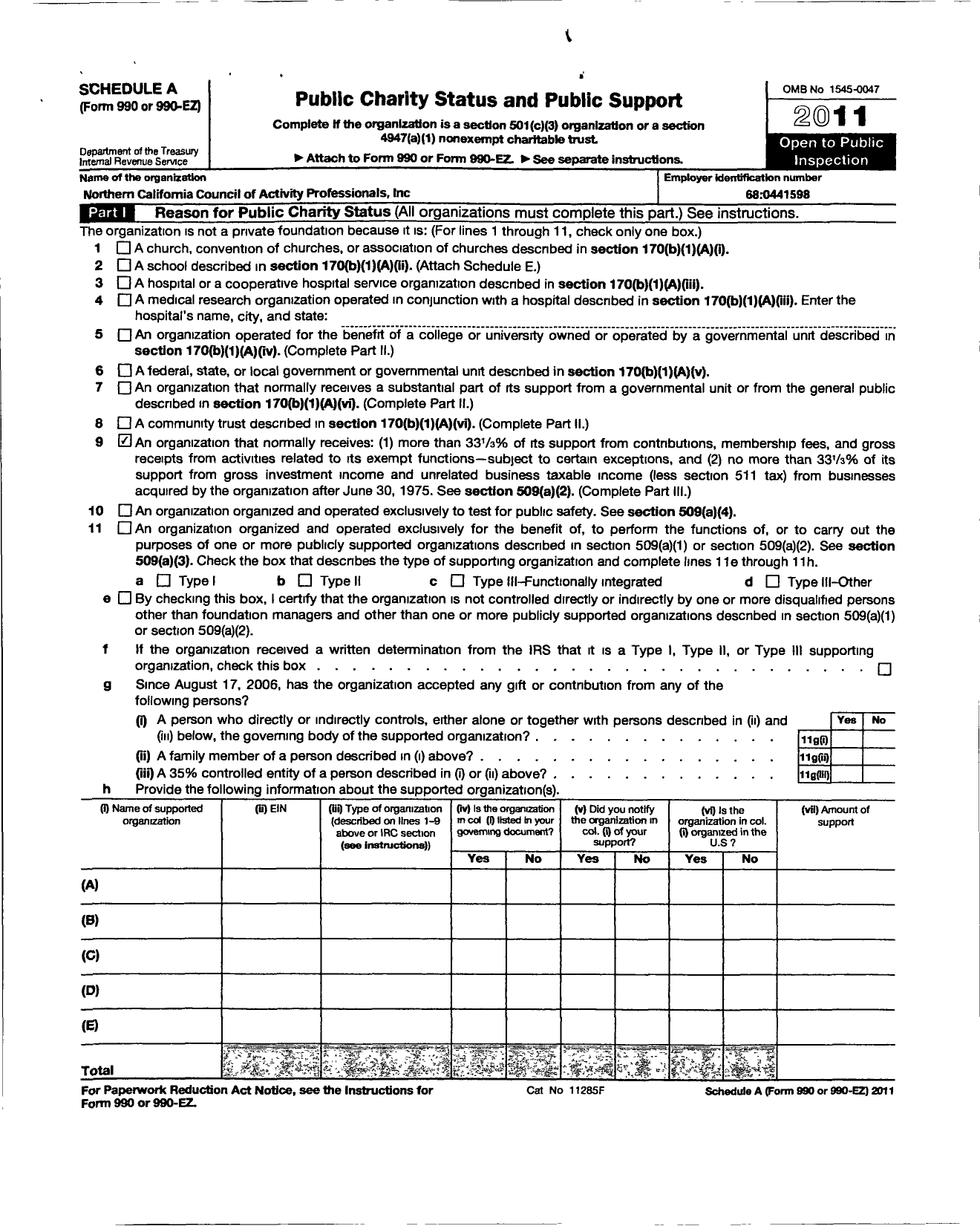 Image of first page of 2011 Form 990ER for Northern California Council of Activity Coordinators