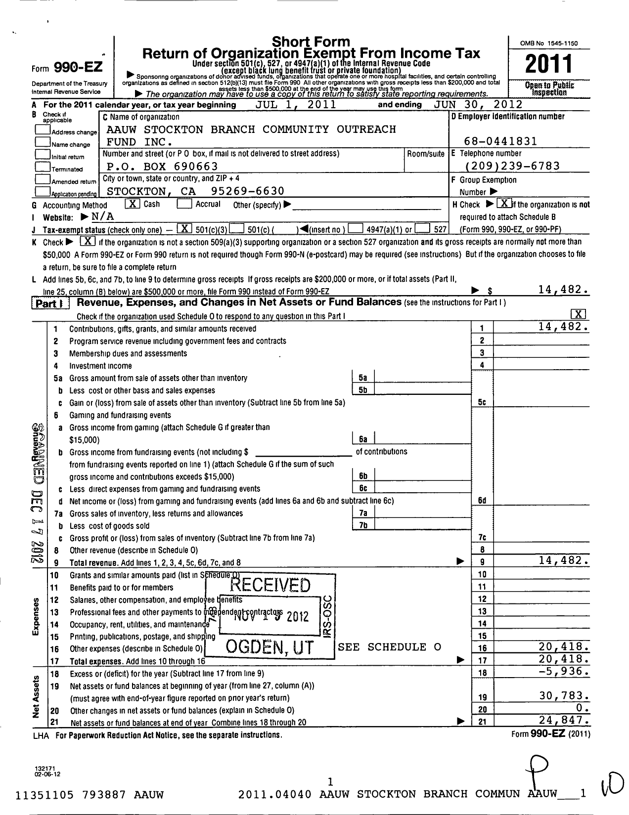 Image of first page of 2011 Form 990EZ for Aauw Stockton Branch Community Outreach Fund