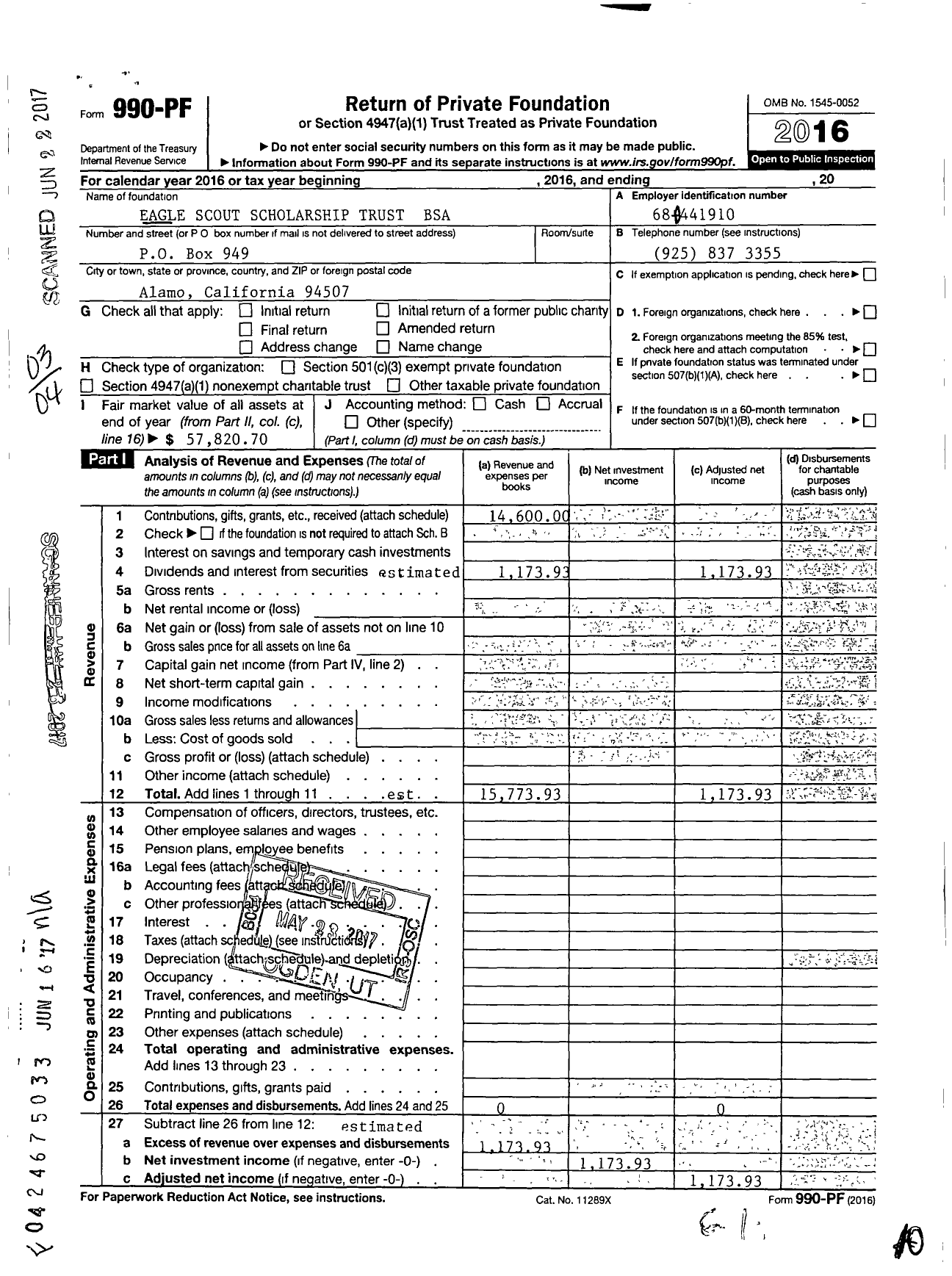Image of first page of 2016 Form 990PF for Eagle Scout Scholarship Foundation Trust Fund