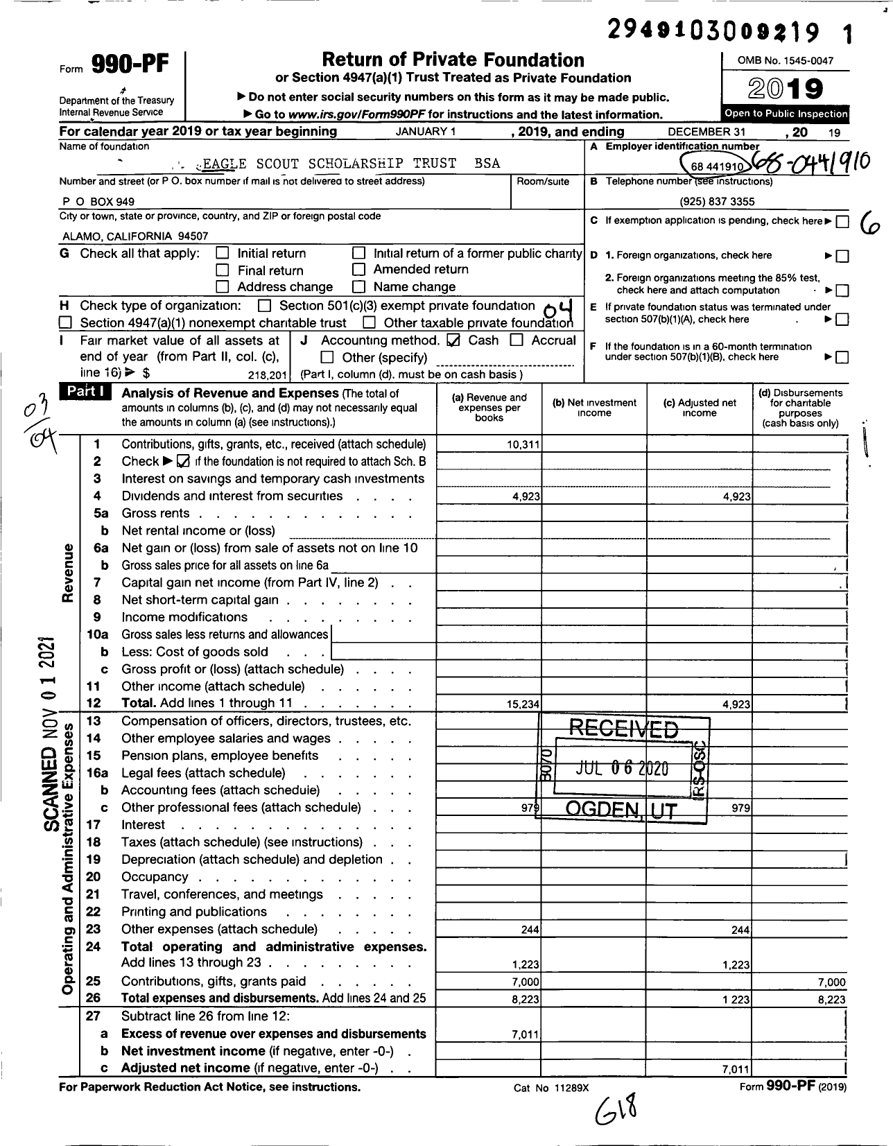 Image of first page of 2019 Form 990PF for Eagle Scout Scholarship Foundation Trust Fund