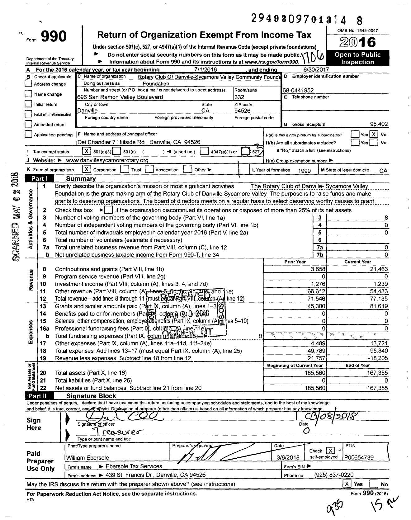 Image of first page of 2016 Form 990 for Rotary Club Danville-Sycamore Valley Community Foundation