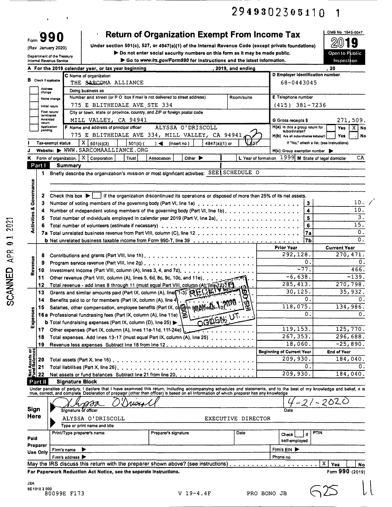 Image of first page of 2019 Form 990 for Sarcoma Alliance