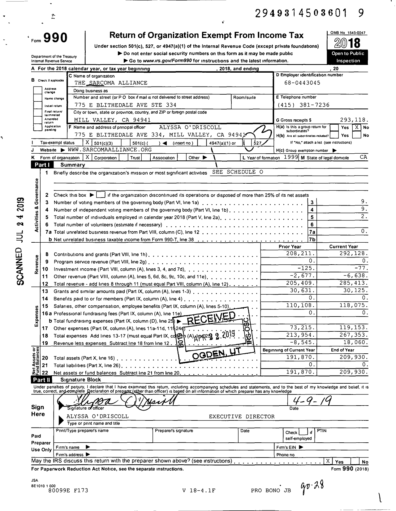 Image of first page of 2018 Form 990 for Sarcoma Alliance