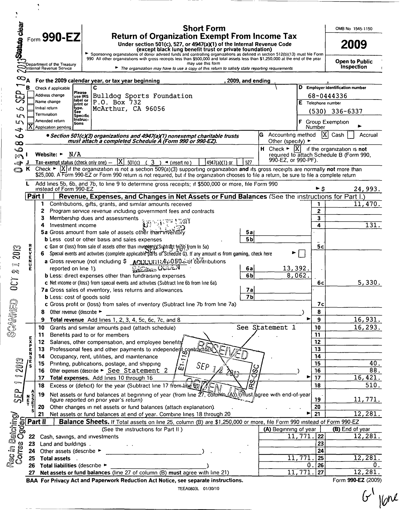 Image of first page of 2009 Form 990EZ for Bulldog Sports Foundation