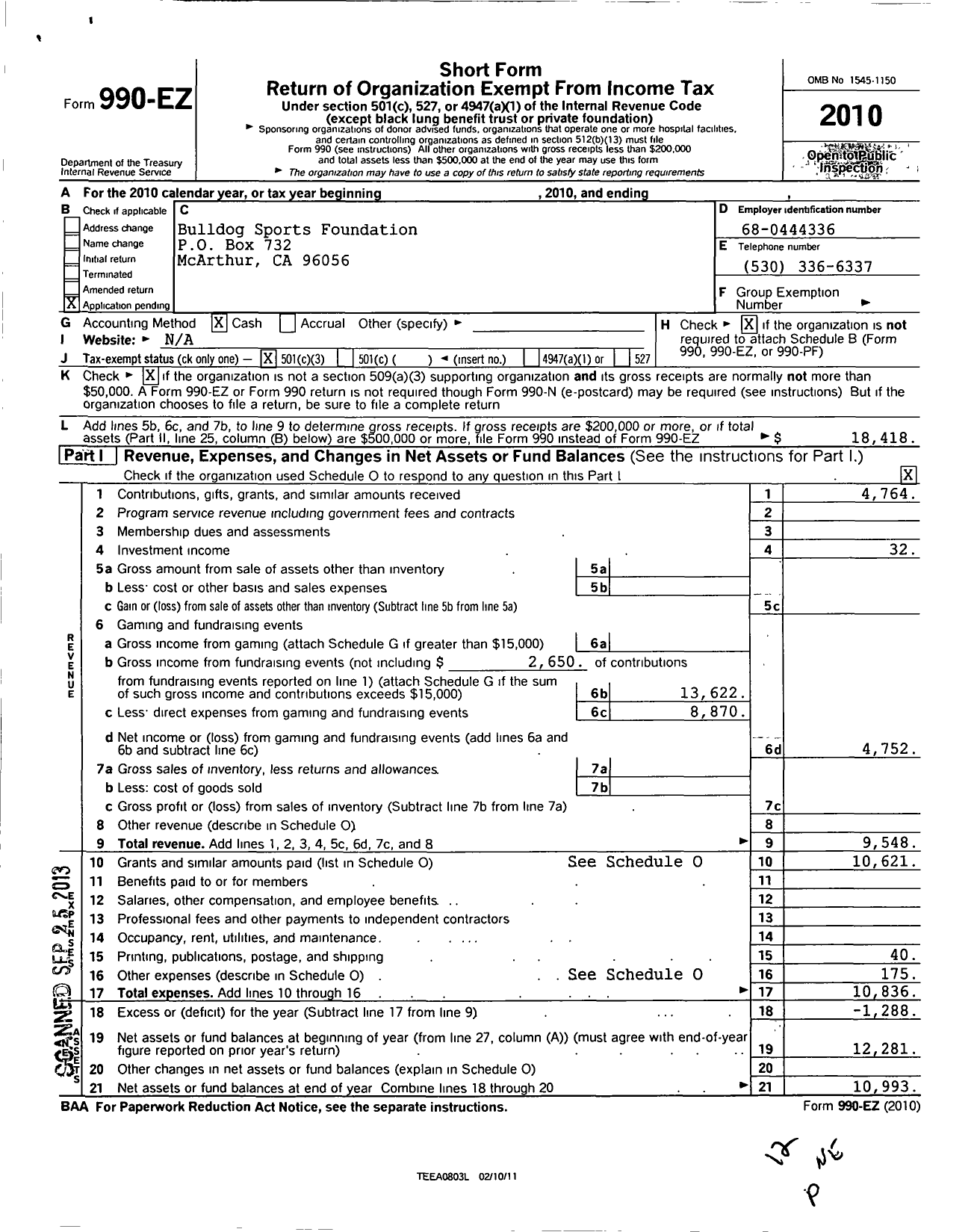 Image of first page of 2010 Form 990EZ for Bulldog Sports Foundation