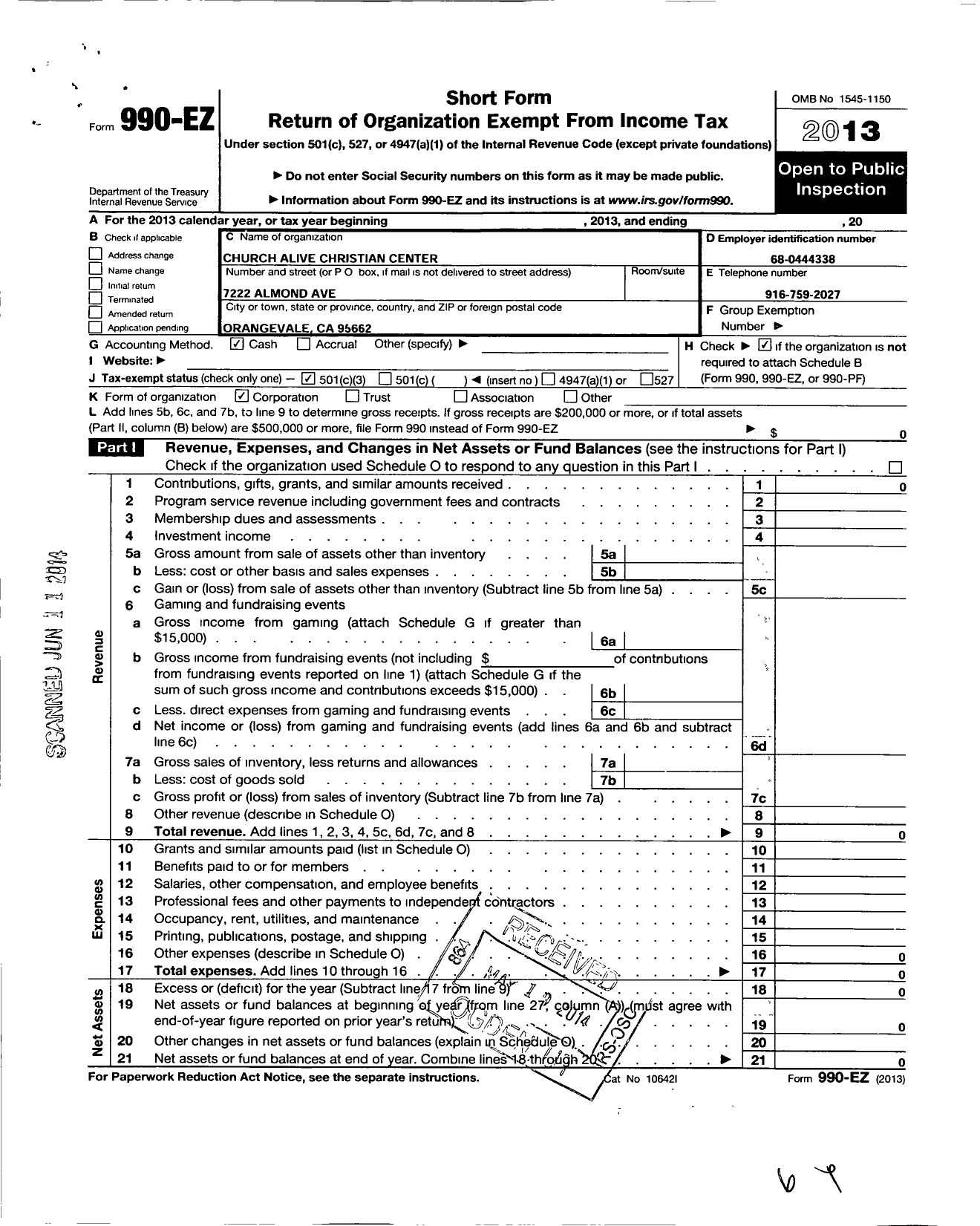 Image of first page of 2013 Form 990EZ for Church Alive Christian Center