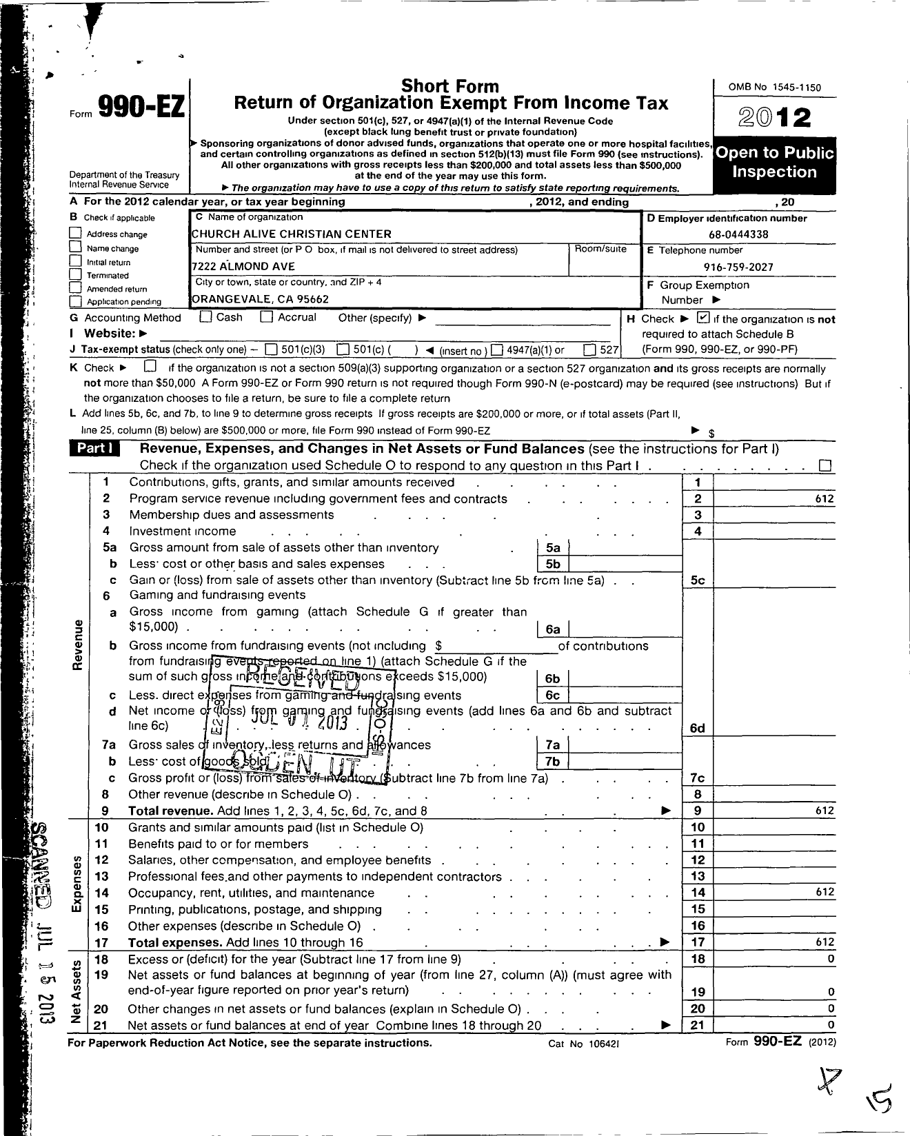 Image of first page of 2012 Form 990EO for Church Alive Christian Center