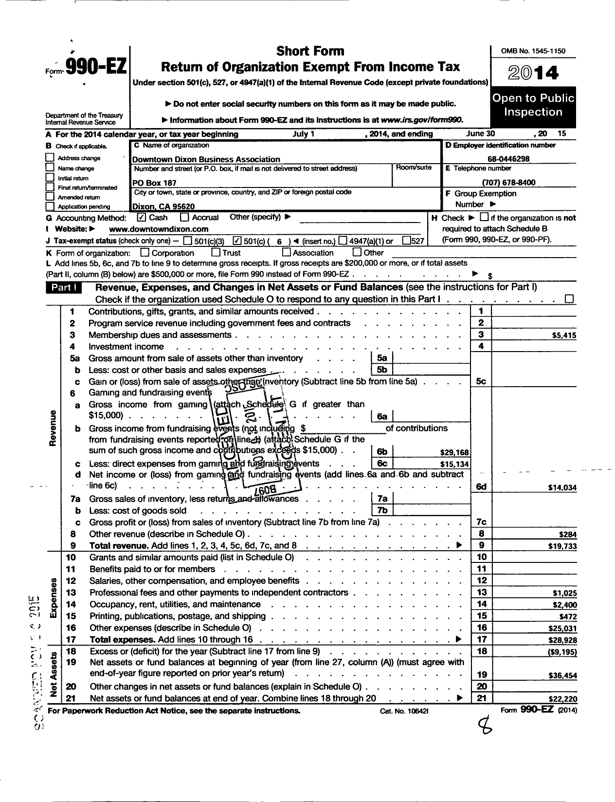 Image of first page of 2014 Form 990EO for Downtown Dixon Business Association