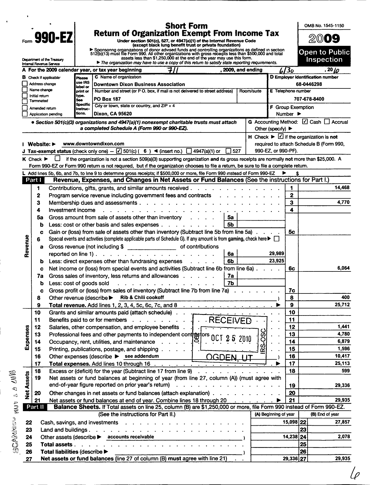 Image of first page of 2009 Form 990EO for Downtown Dixon Business Association