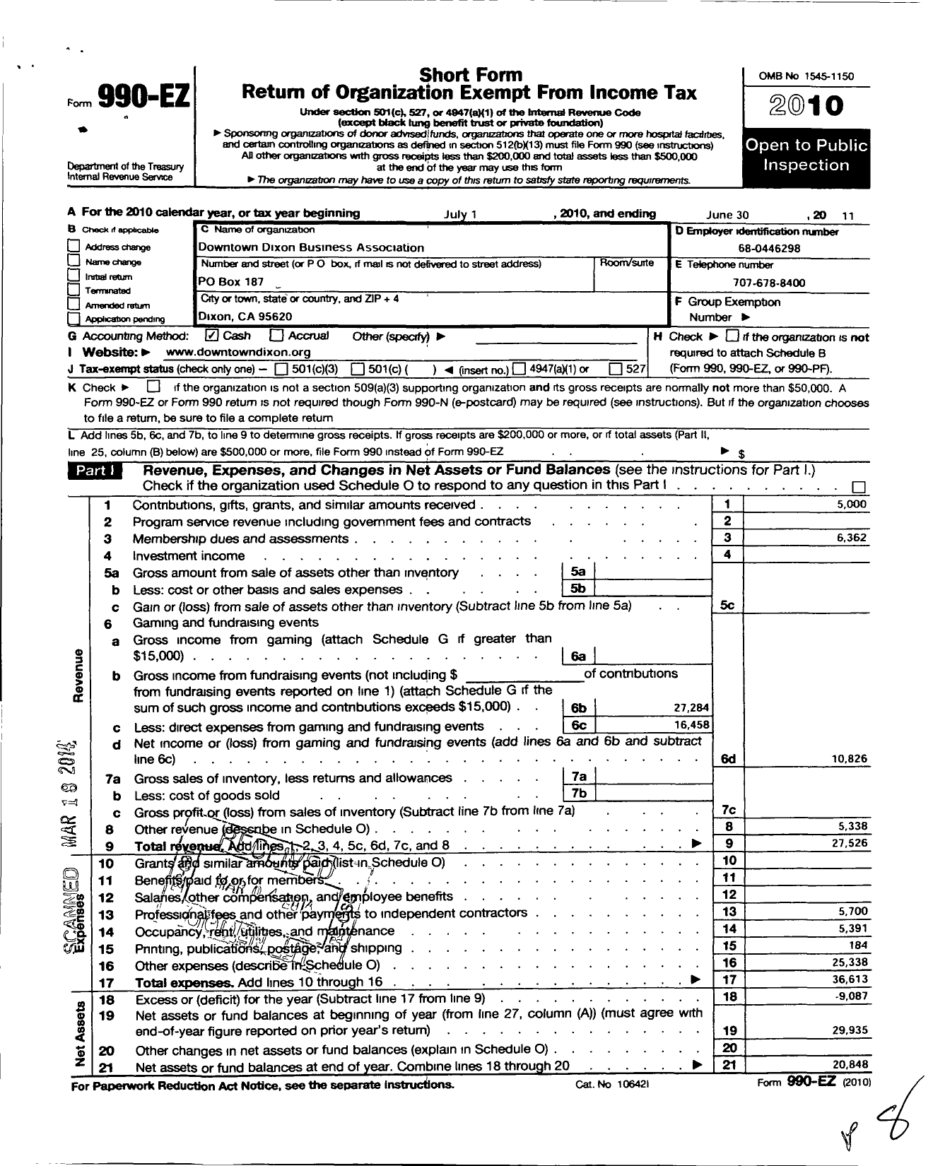 Image of first page of 2010 Form 990EO for Downtown Dixon Business Association