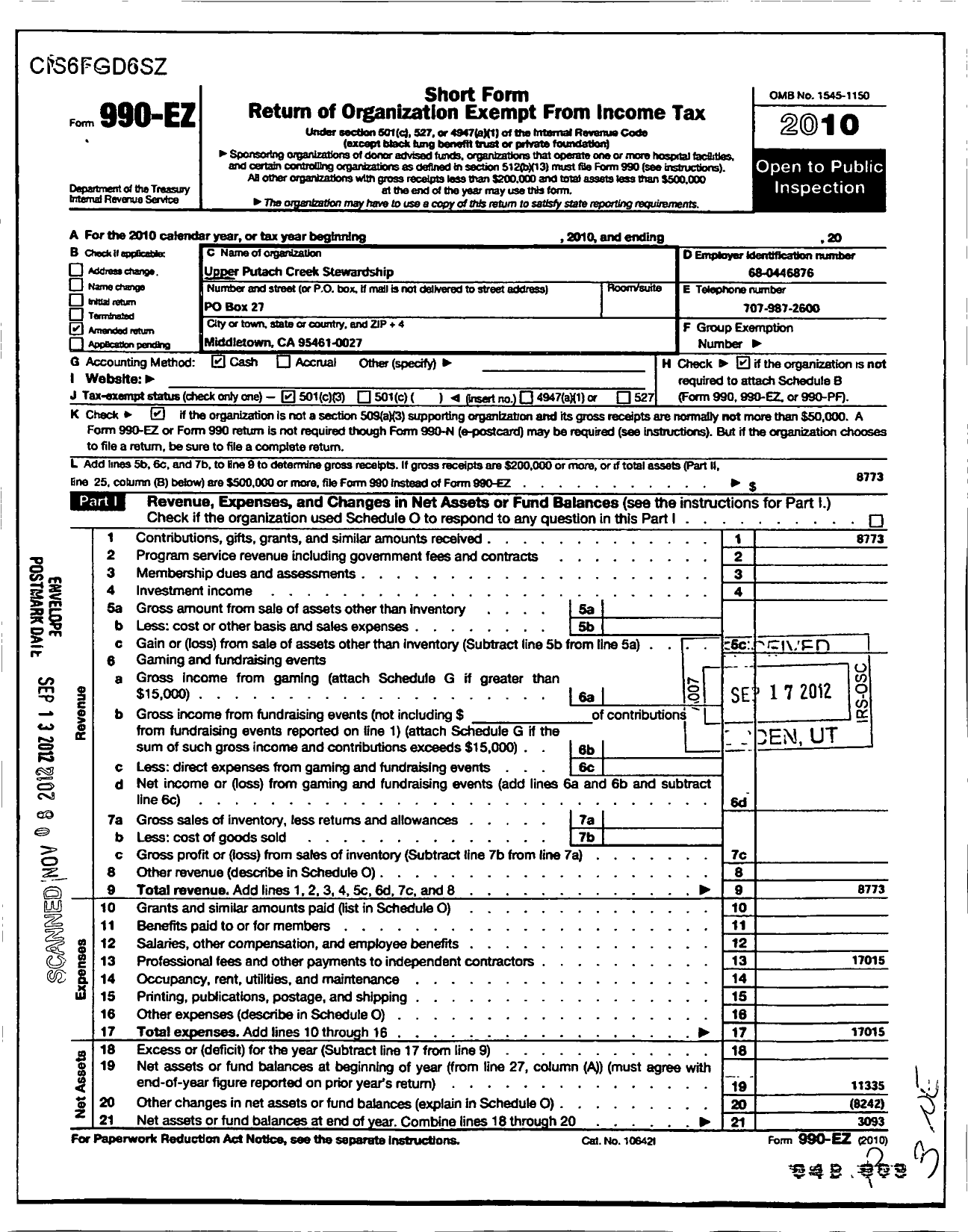 Image of first page of 2010 Form 990EZ for Upper Putah Creek Stewardship