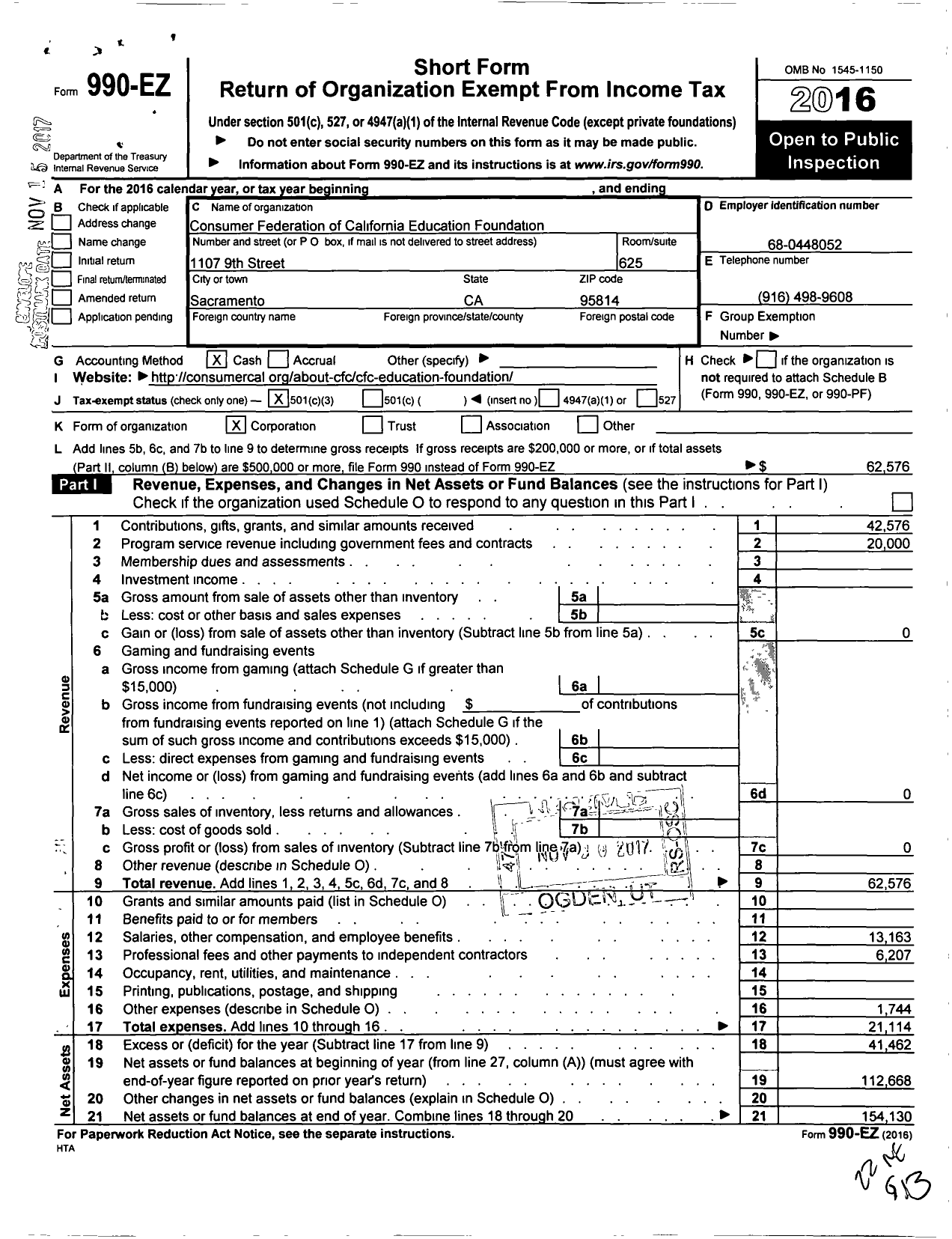 Image of first page of 2016 Form 990EZ for Consumer Federation of California Education Foundation