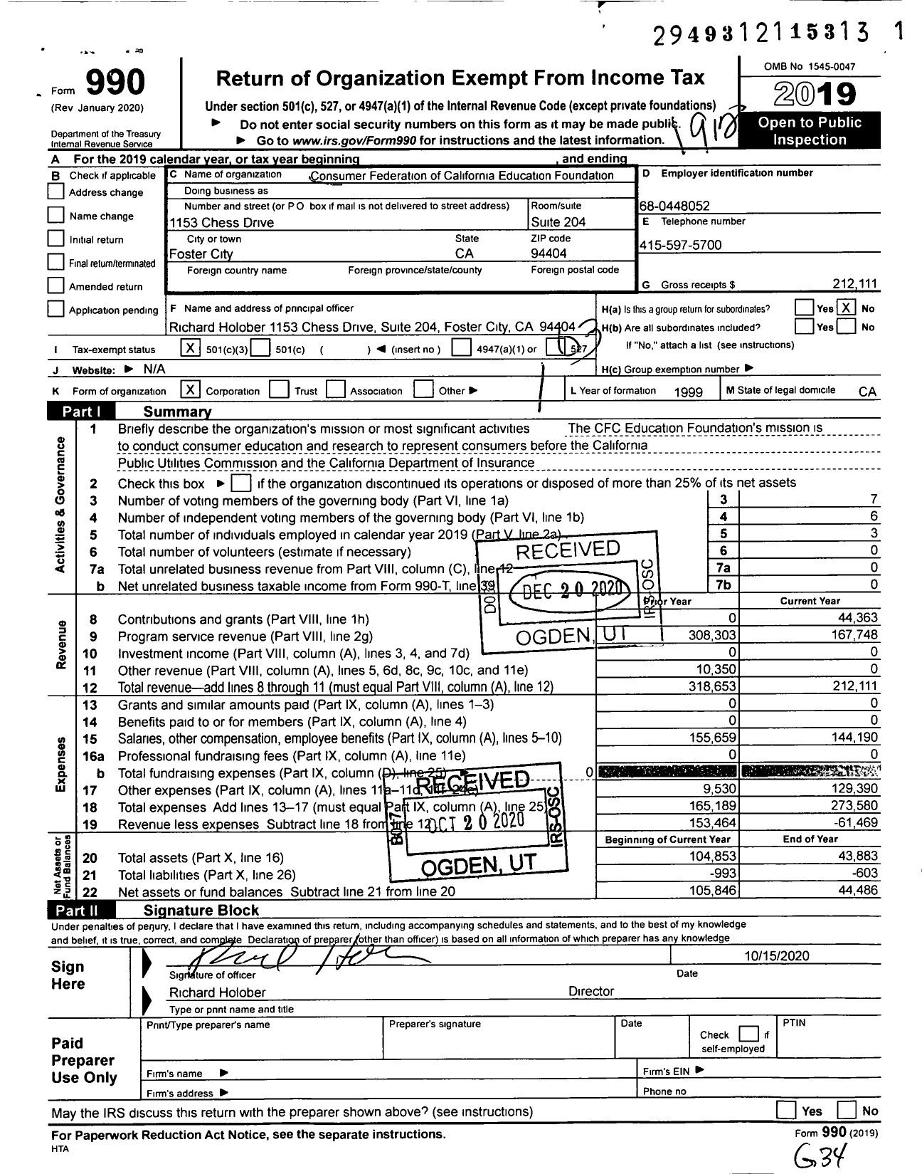 Image of first page of 2019 Form 990 for Consumer Federation of California Education Foundation