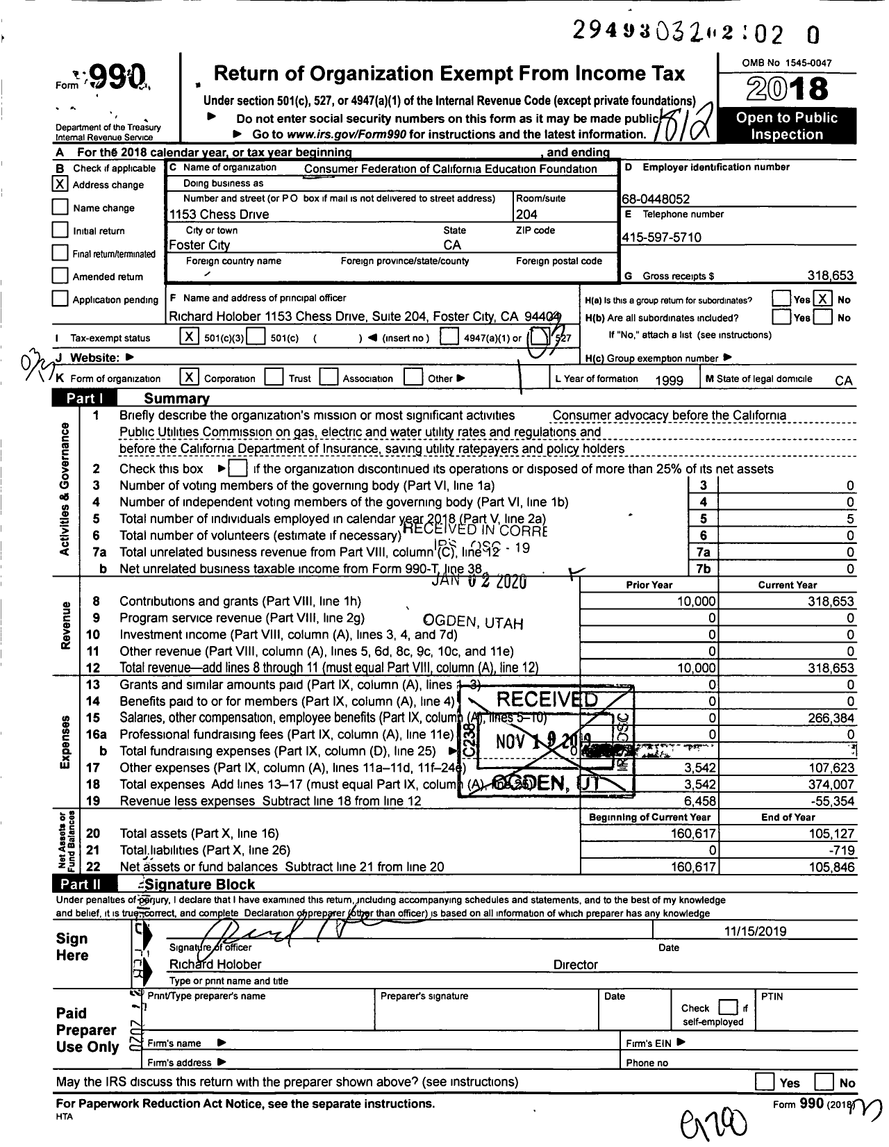 Image of first page of 2018 Form 990 for Consumer Federation of California Education Foundation