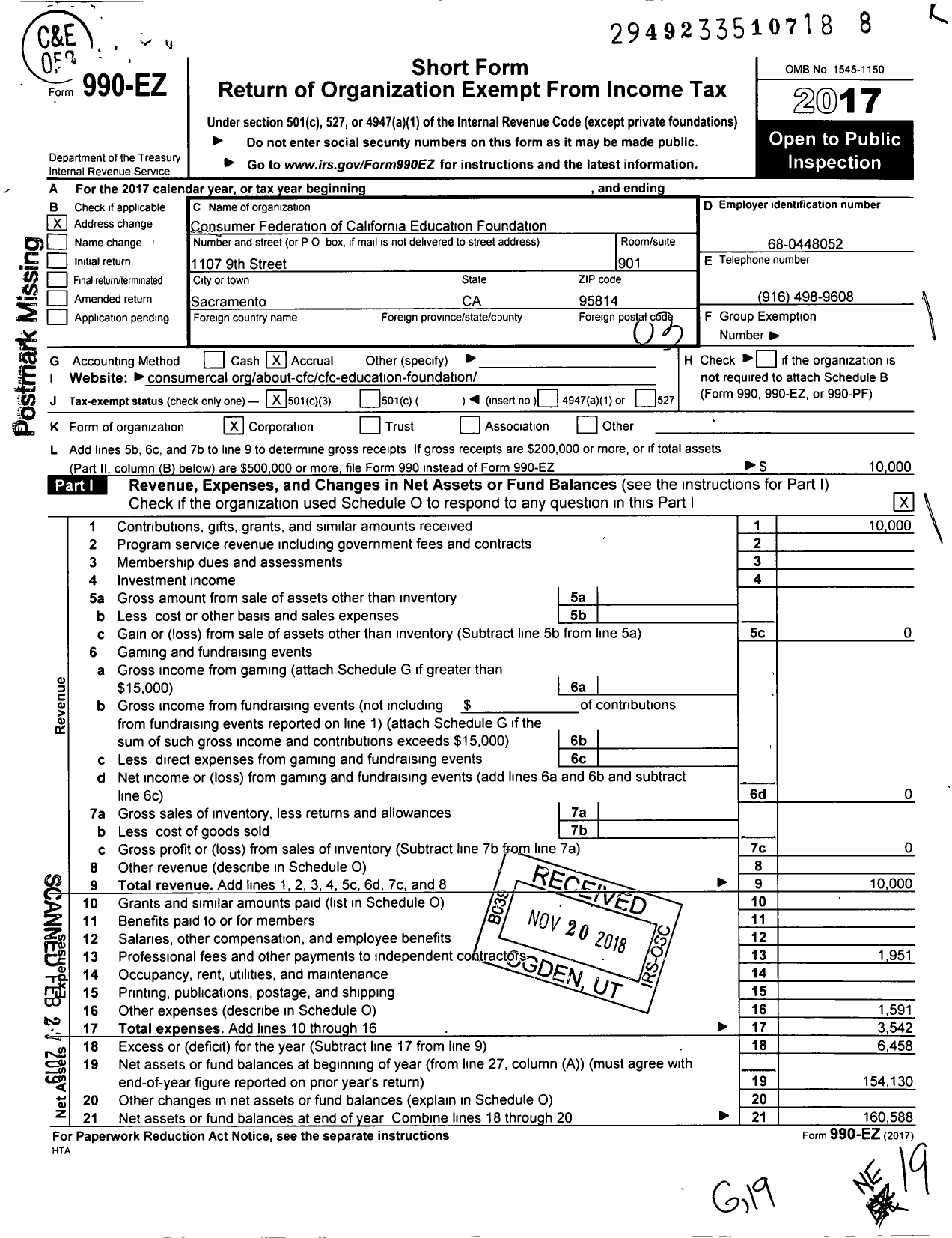 Image of first page of 2017 Form 990EZ for Consumer Federation of California Education Foundation