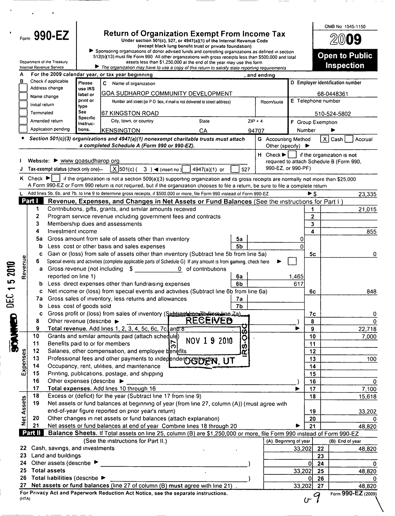 Image of first page of 2009 Form 990EZ for Goa Sudharop Community Development